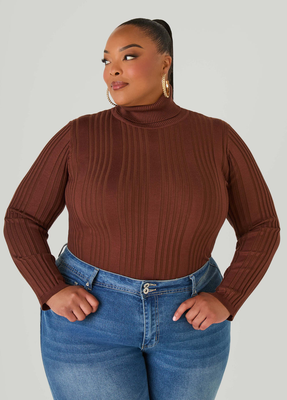Turtleneck Ribbed Knit Sweater White | Ashley Stewart