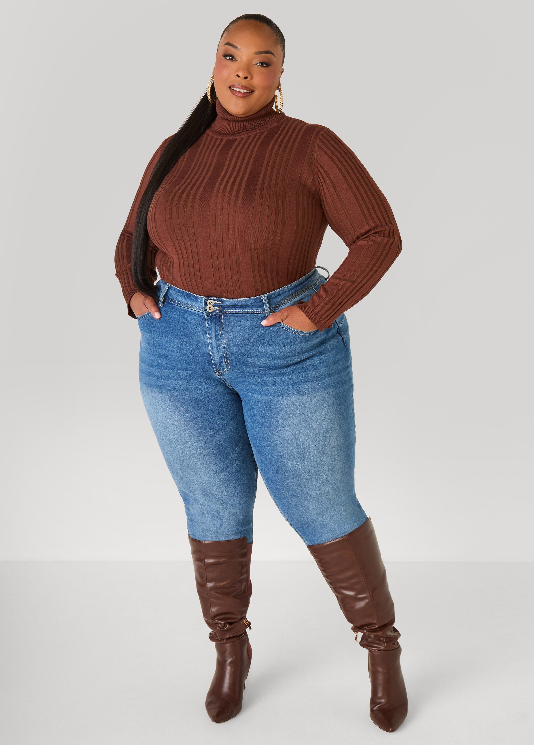 Turtleneck Ribbed Knit Sweater White | Ashley Stewart