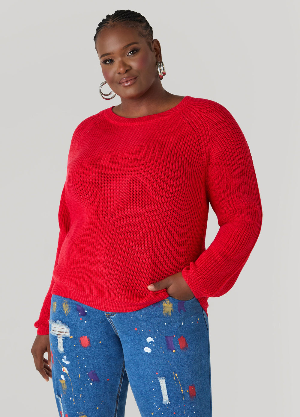 Ribbed Raglan Sweater Black | Ashley Stewart