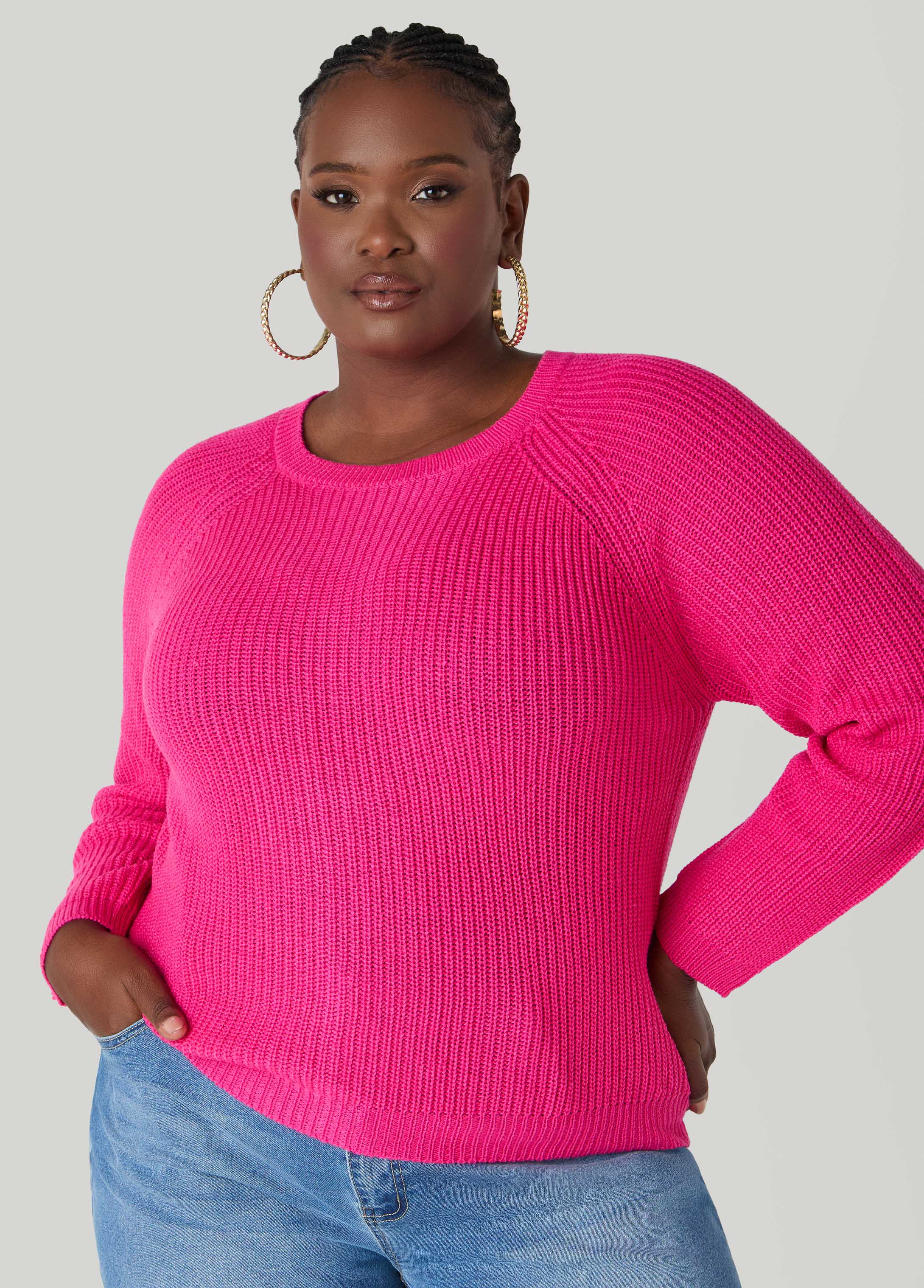 Ribbed Raglan Sweater Black | Ashley Stewart