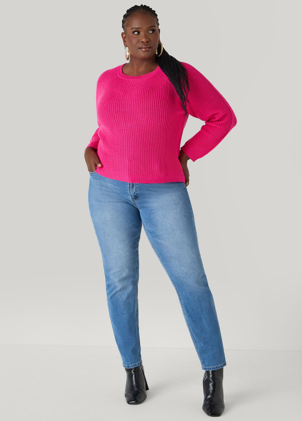 Ribbed Raglan Sweater Black | Ashley Stewart