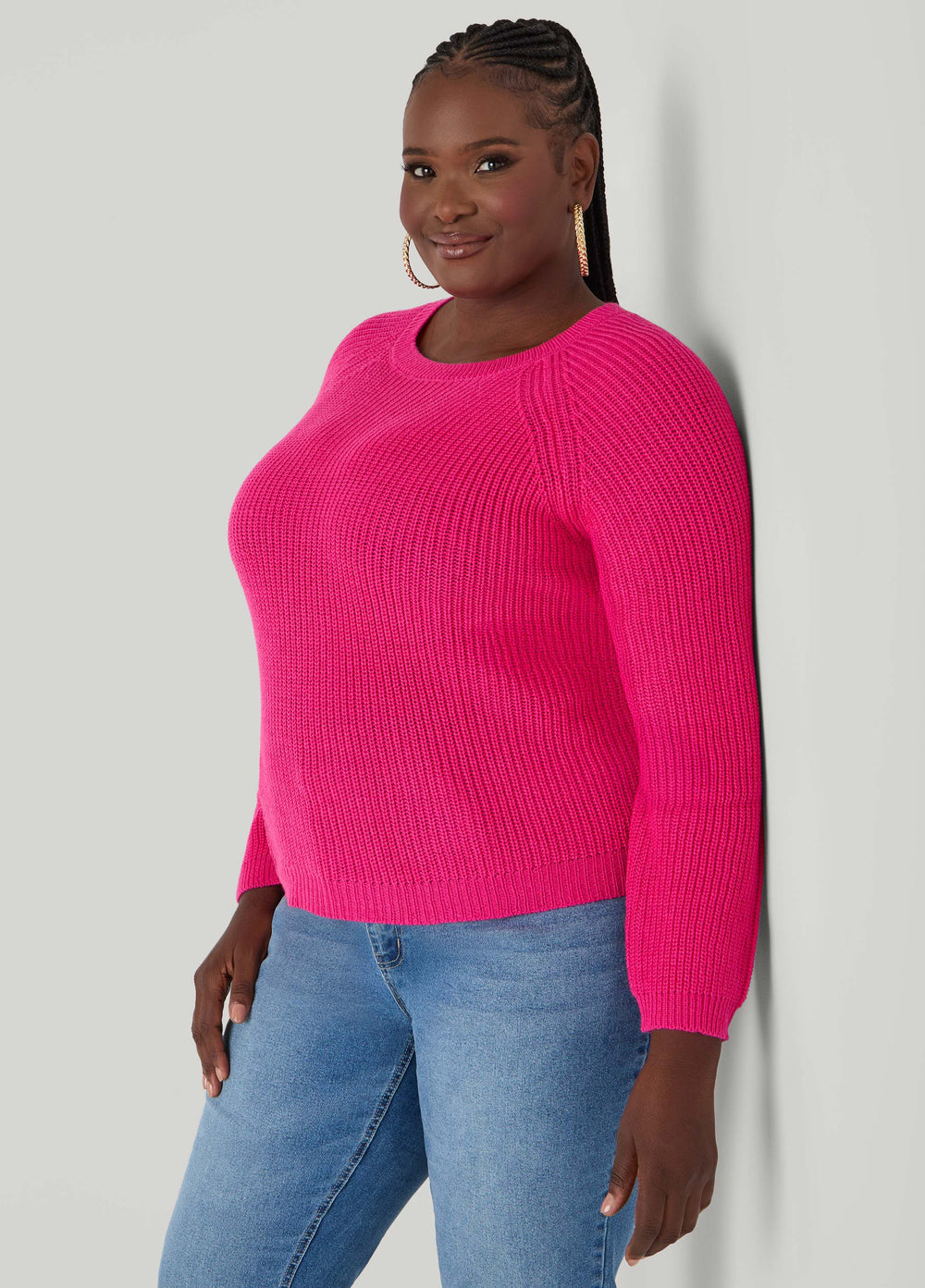 Ribbed Raglan Sweater Black | Ashley Stewart