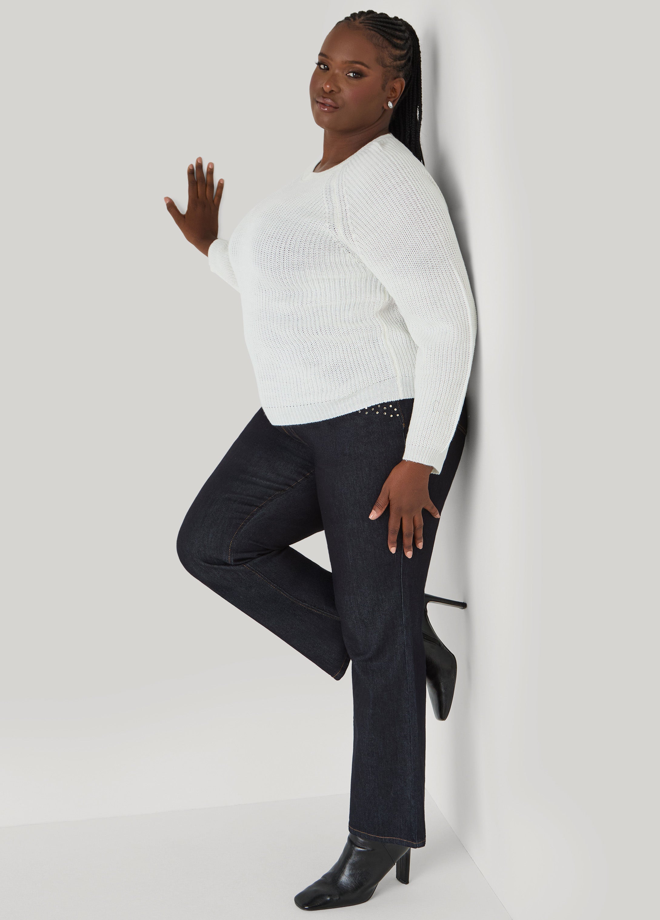 Ribbed Raglan Sweater Black | Ashley Stewart