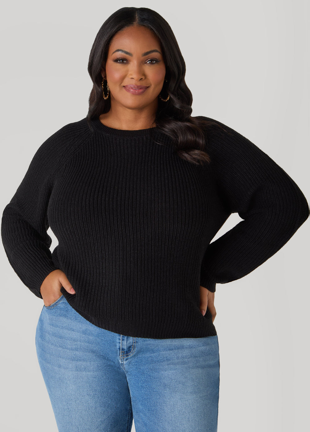 Ribbed Raglan Sweater Black | Ashley Stewart
