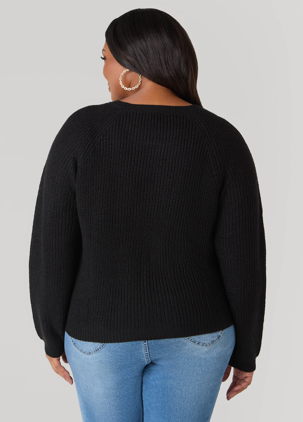 Ribbed Raglan Sweater Black | Ashley Stewart