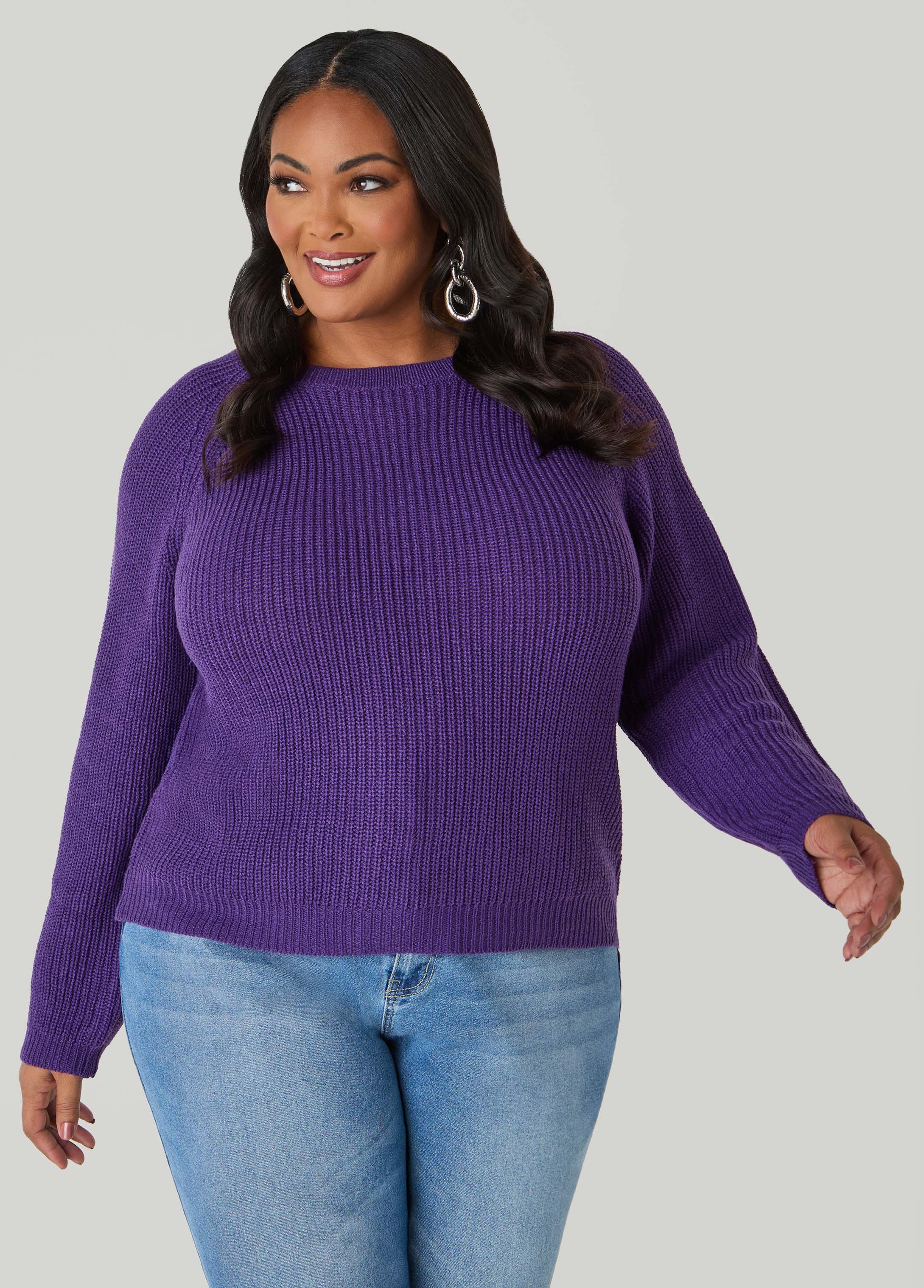 Ribbed Raglan Sweater Black | Ashley Stewart