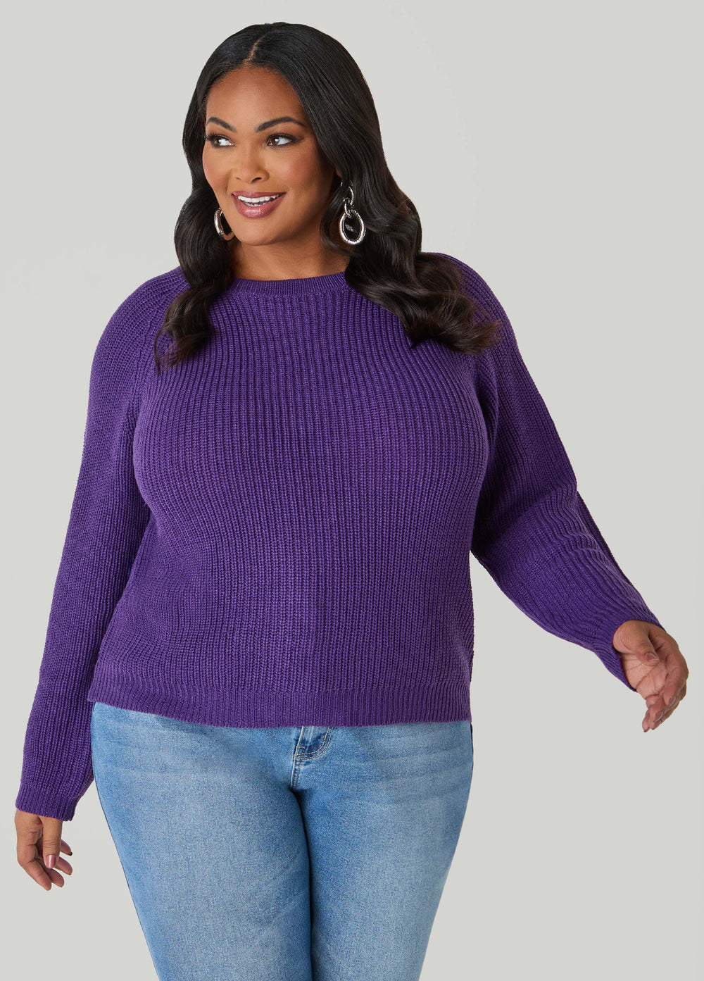 Ribbed Raglan Sweater Black | Ashley Stewart