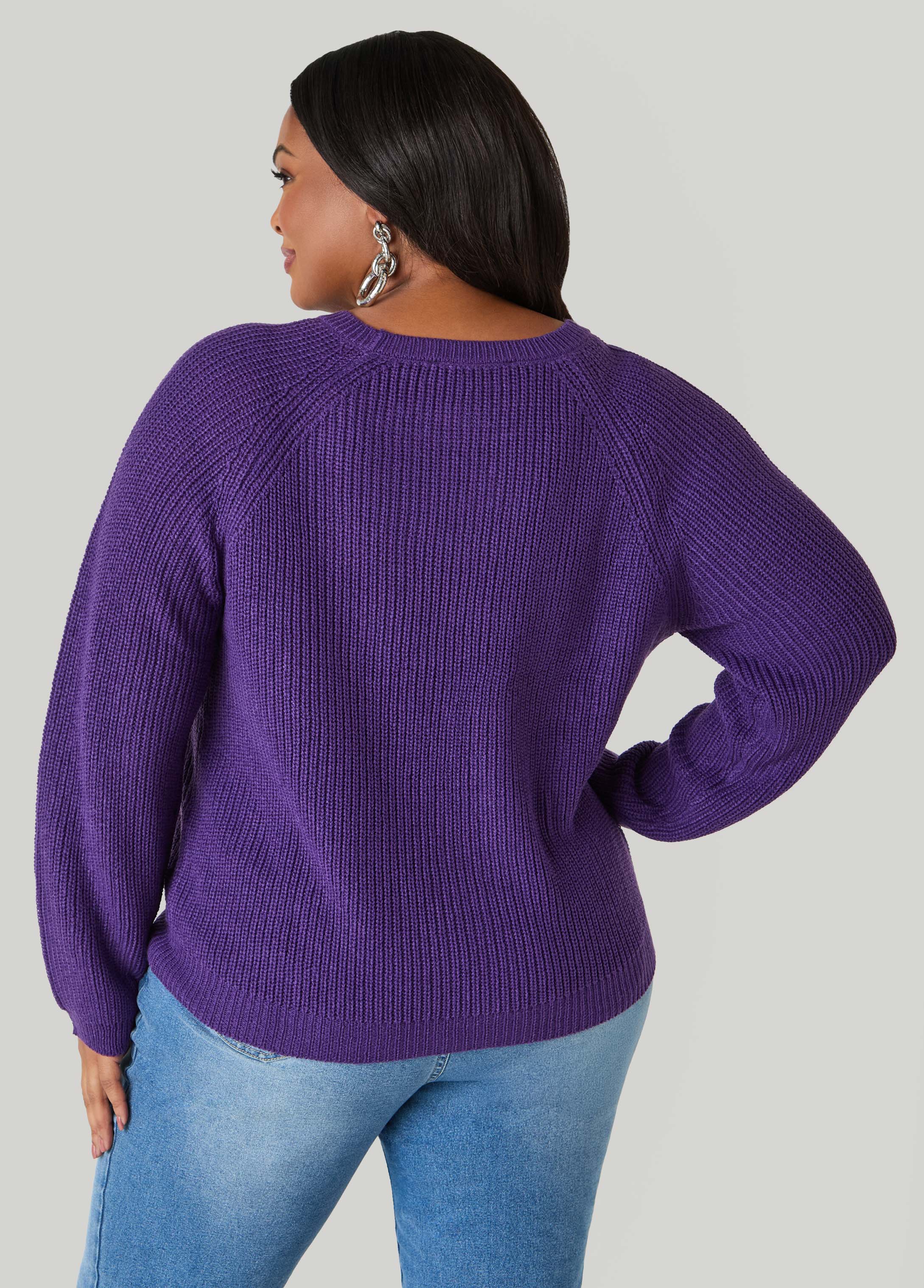 Ribbed Raglan Sweater Black | Ashley Stewart