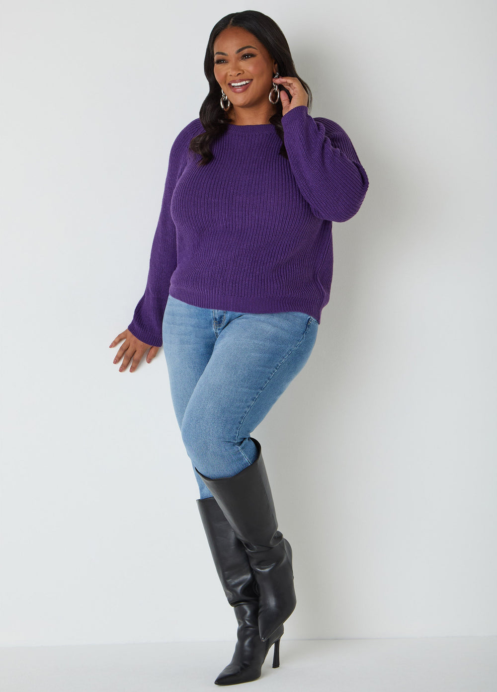 Ribbed Raglan Sweater Black | Ashley Stewart
