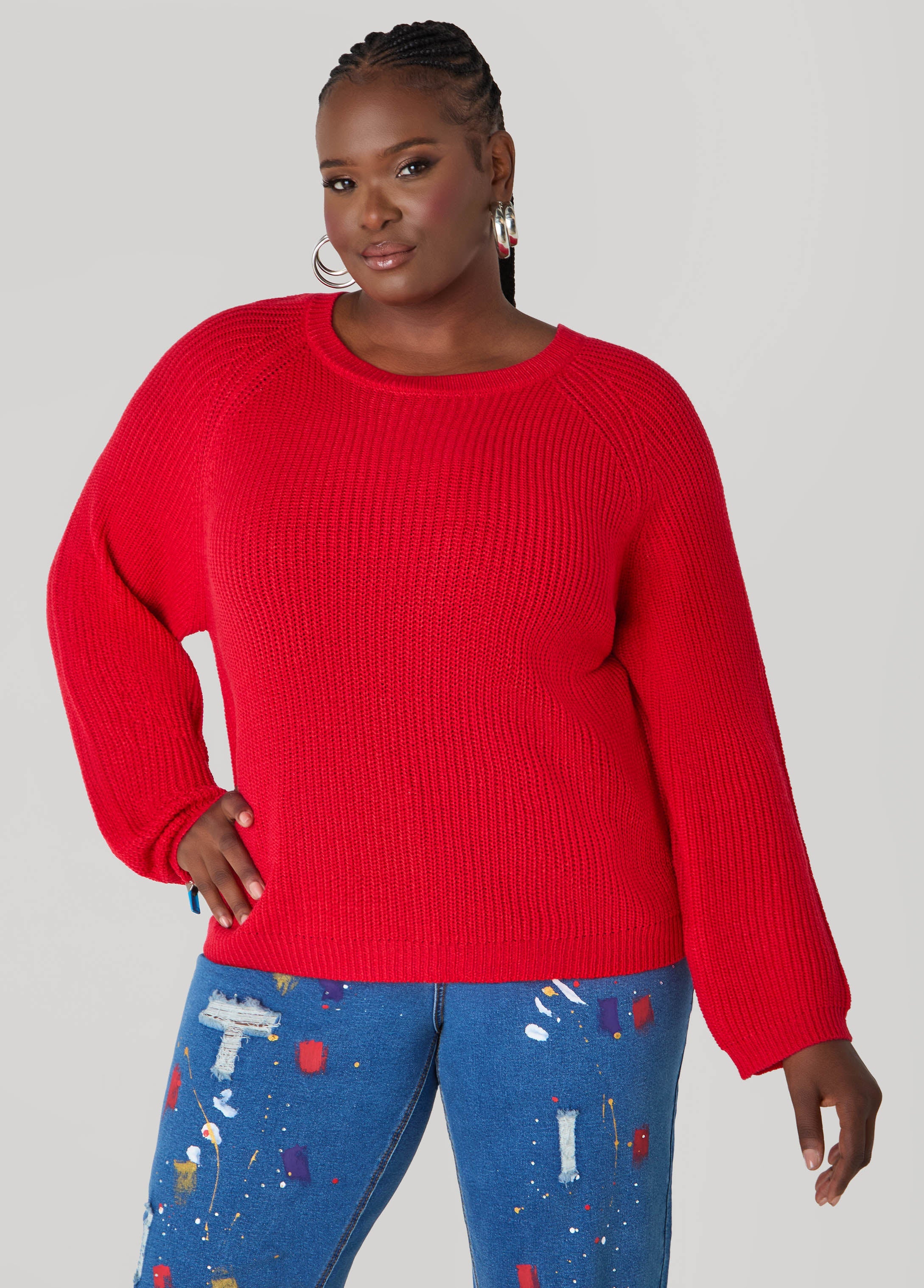 Ribbed Raglan Sweater Black | Ashley Stewart