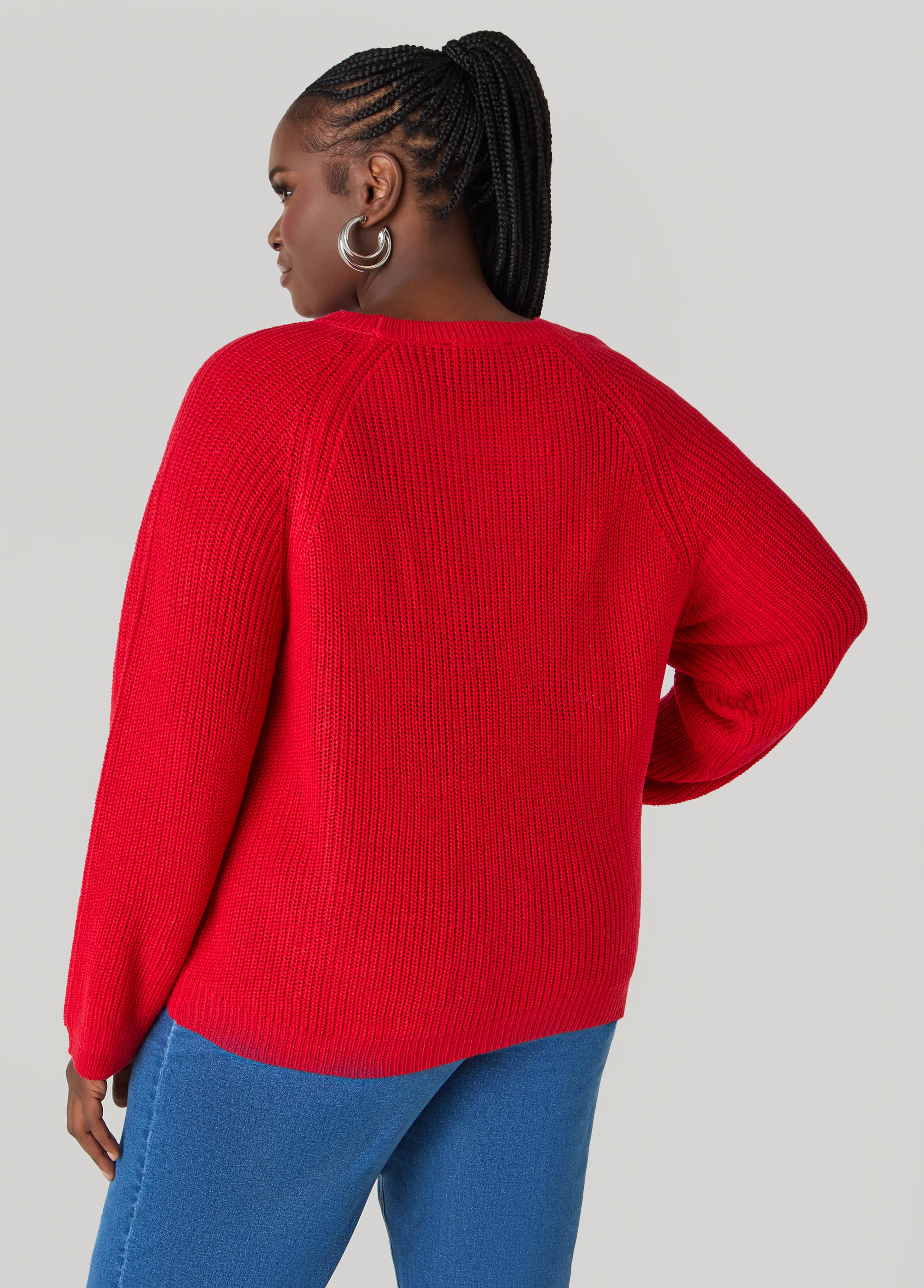 Ribbed Raglan Sweater Black | Ashley Stewart