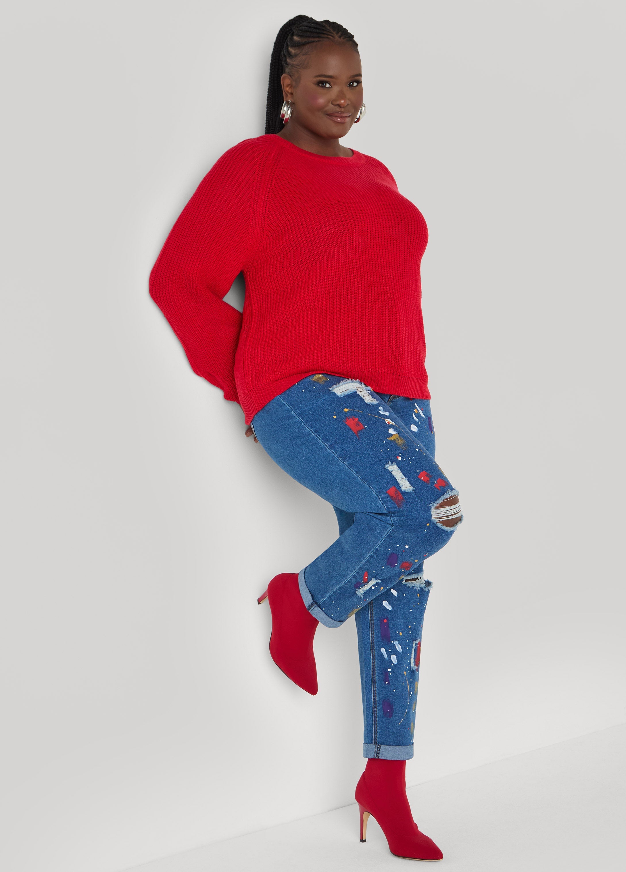 Ribbed Raglan Sweater Black | Ashley Stewart