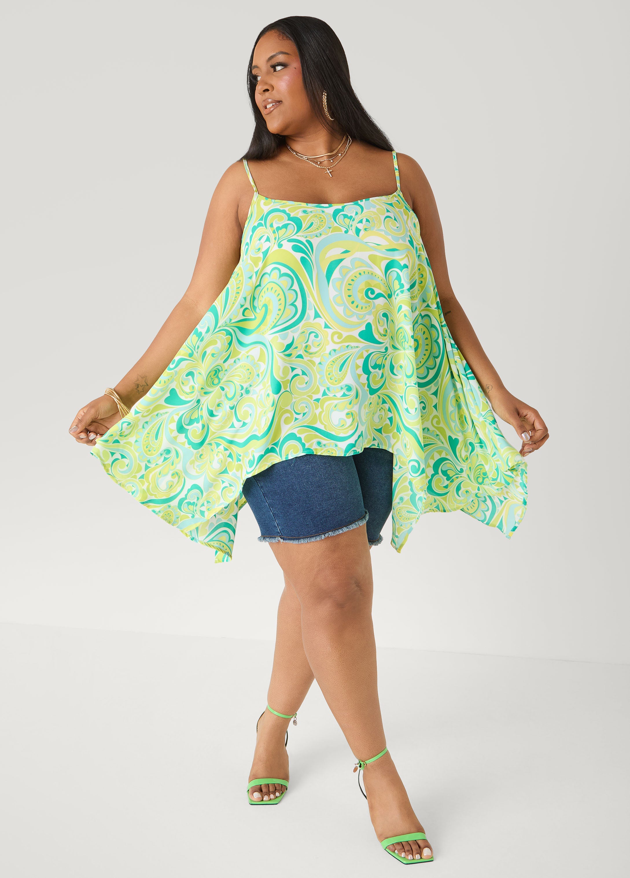 Paisley Print Handkerchief Tank Green | Ashley Stewart