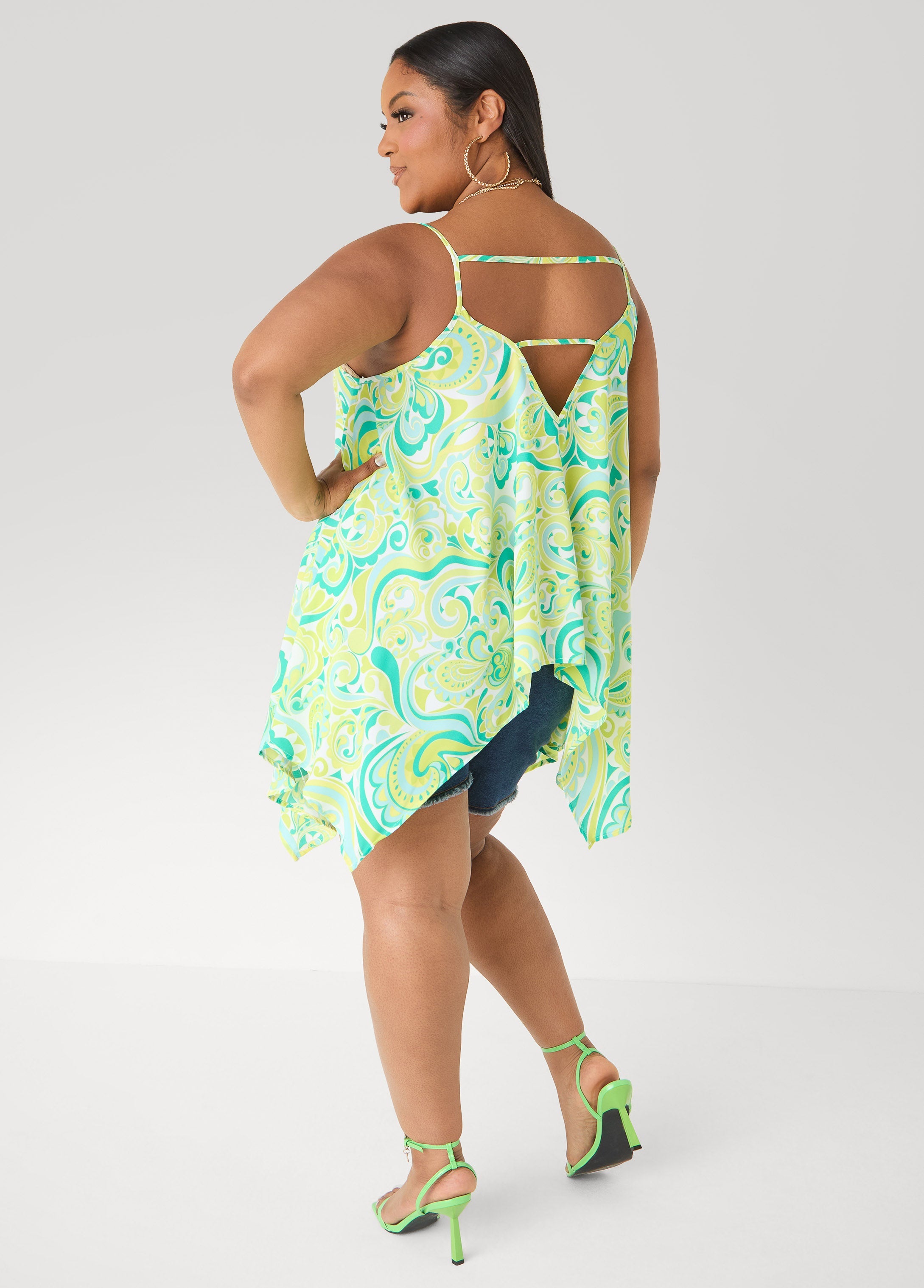 Paisley Print Handkerchief Tank Green | Ashley Stewart
