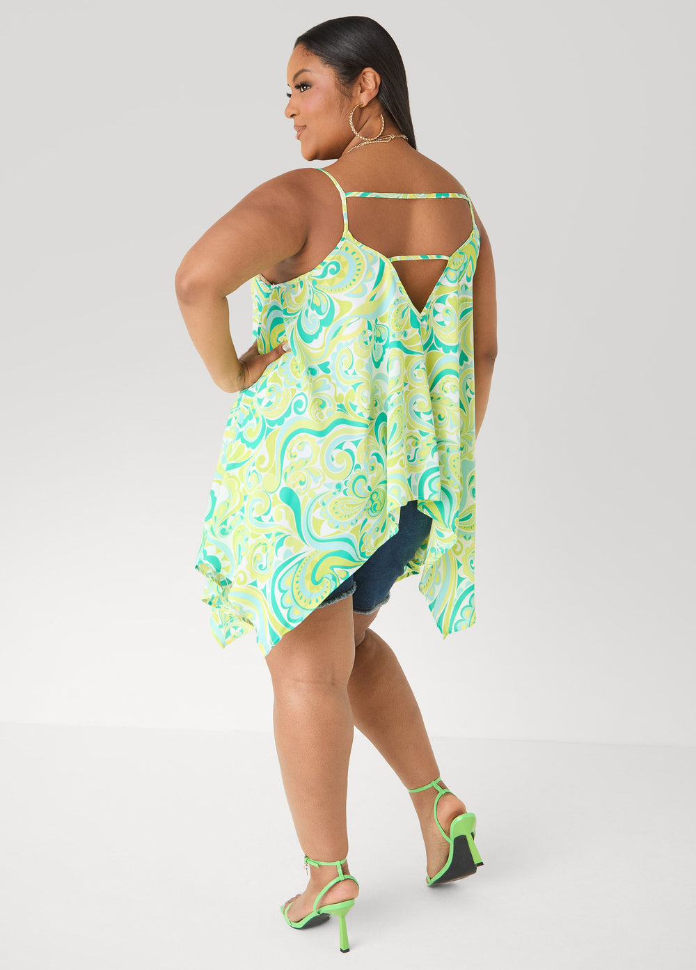Paisley Print Handkerchief Tank Green | Ashley Stewart