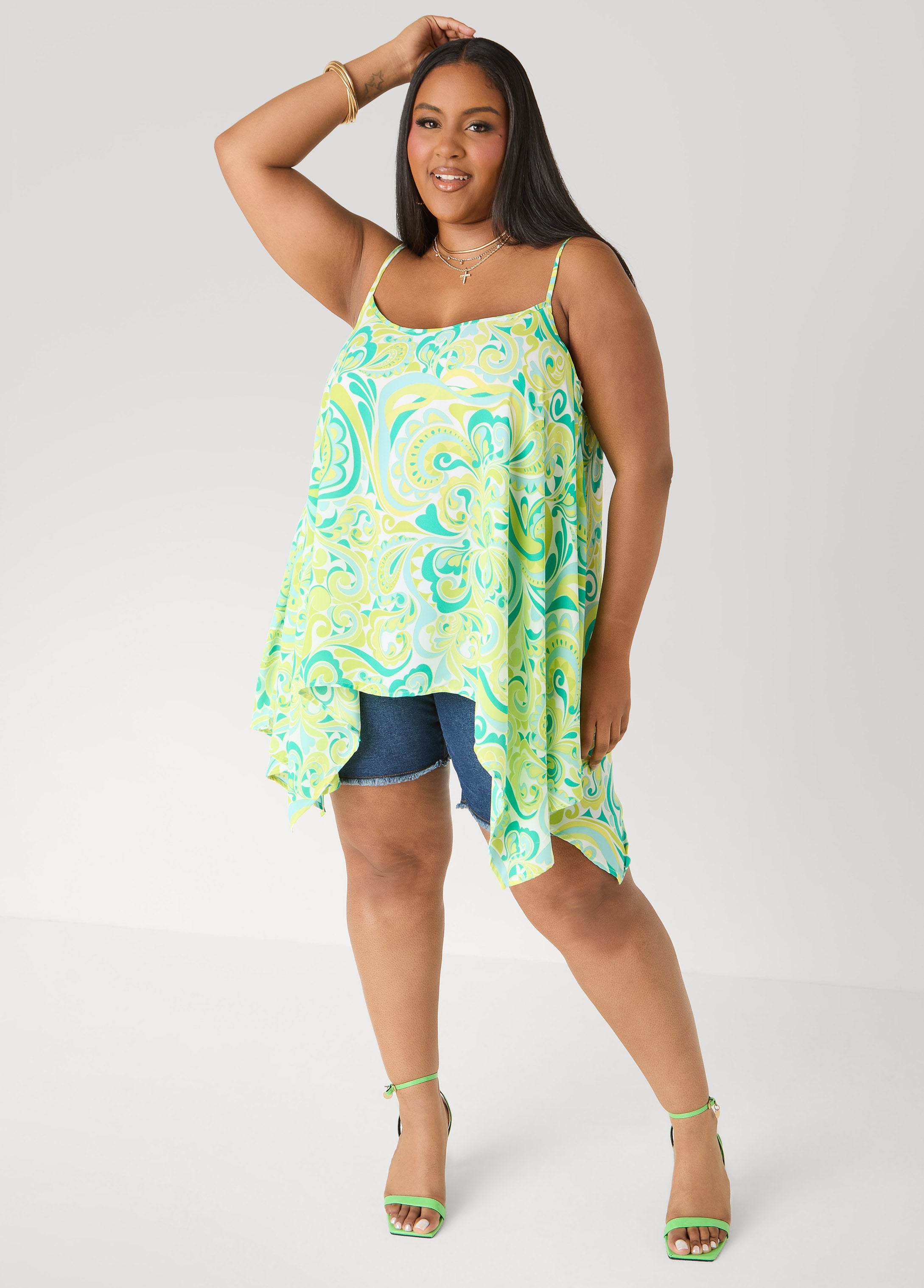 Paisley Print Handkerchief Tank Green | Ashley Stewart