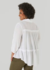 Ruffle Trimmed Gauze Blouse White | Ashley Stewart