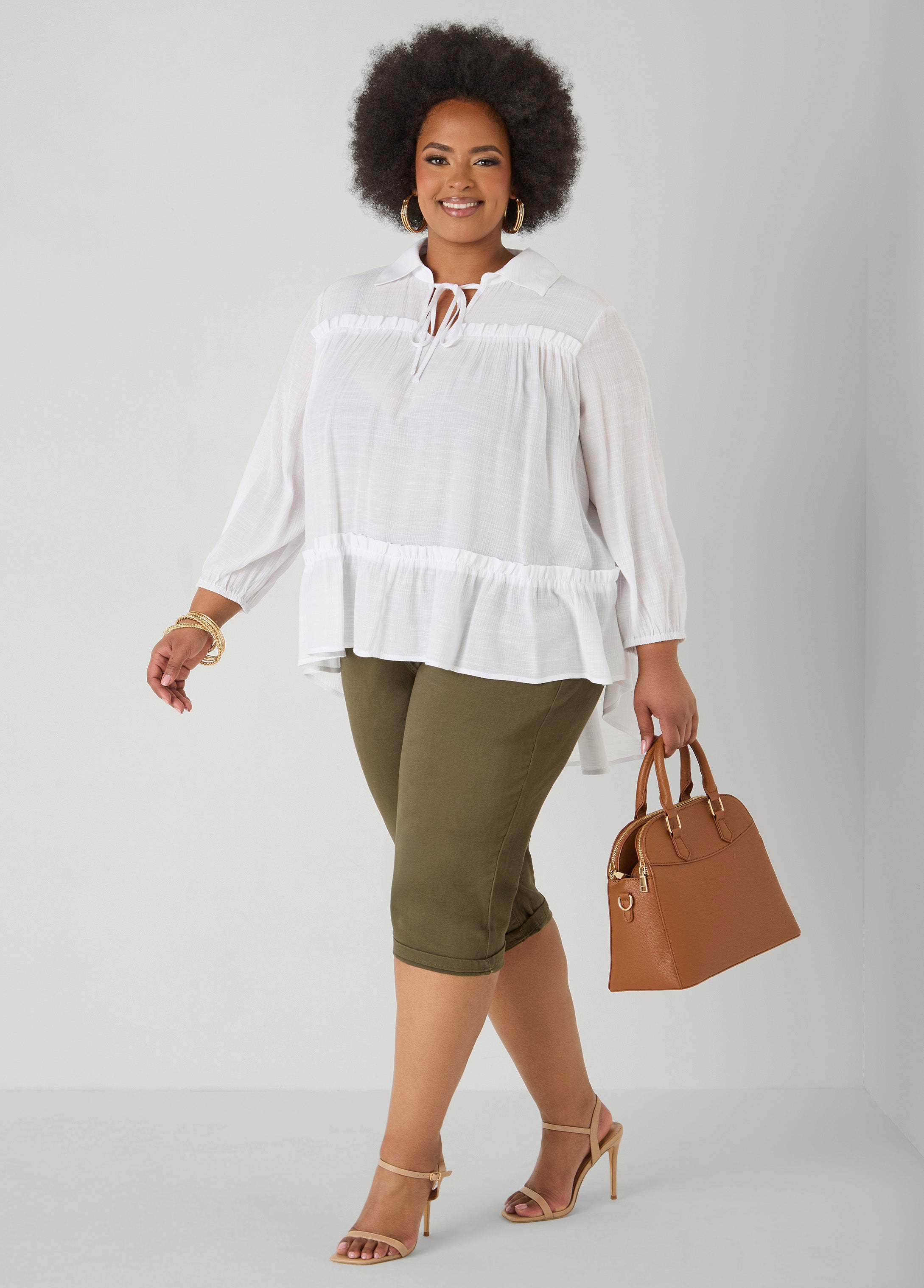 Ruffle Trimmed Gauze Blouse White | Ashley Stewart