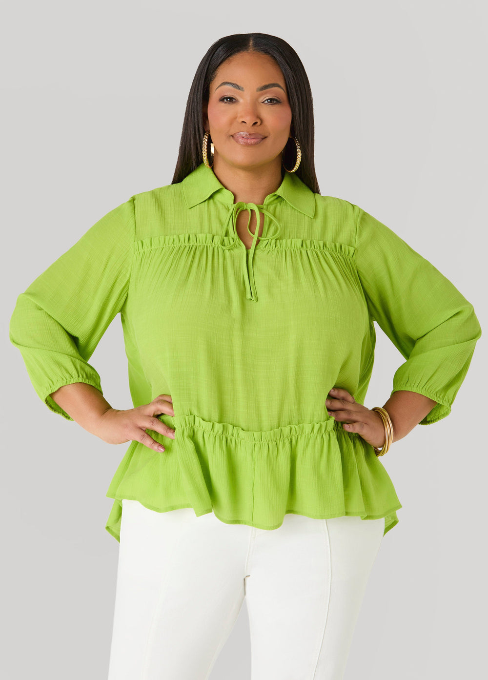 Ruffle Trimmed Gauze Blouse White | Ashley Stewart