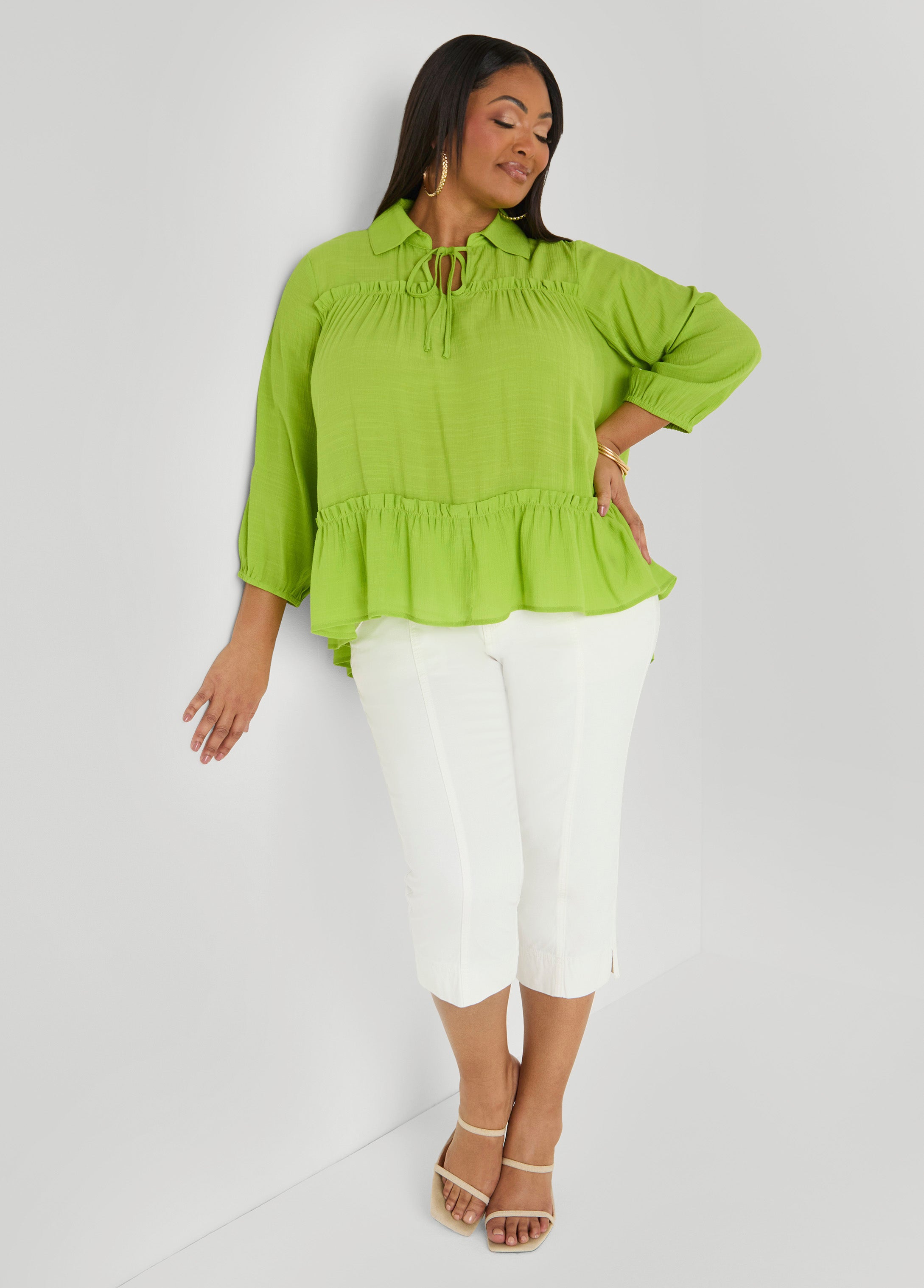 Ruffle Trimmed Gauze Blouse White | Ashley Stewart