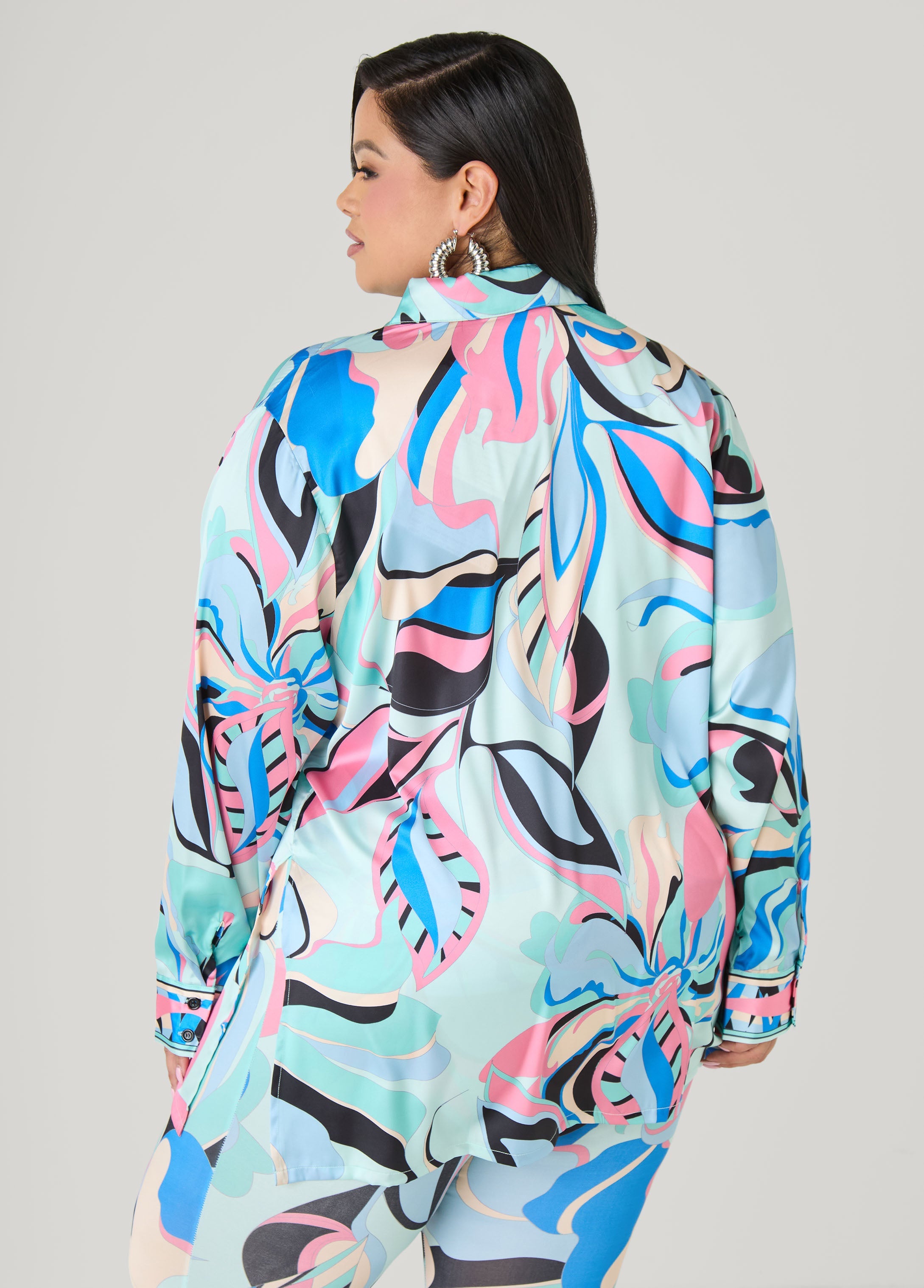 Floral Satin Shirt POWDER BLUE | Ashley Stewart