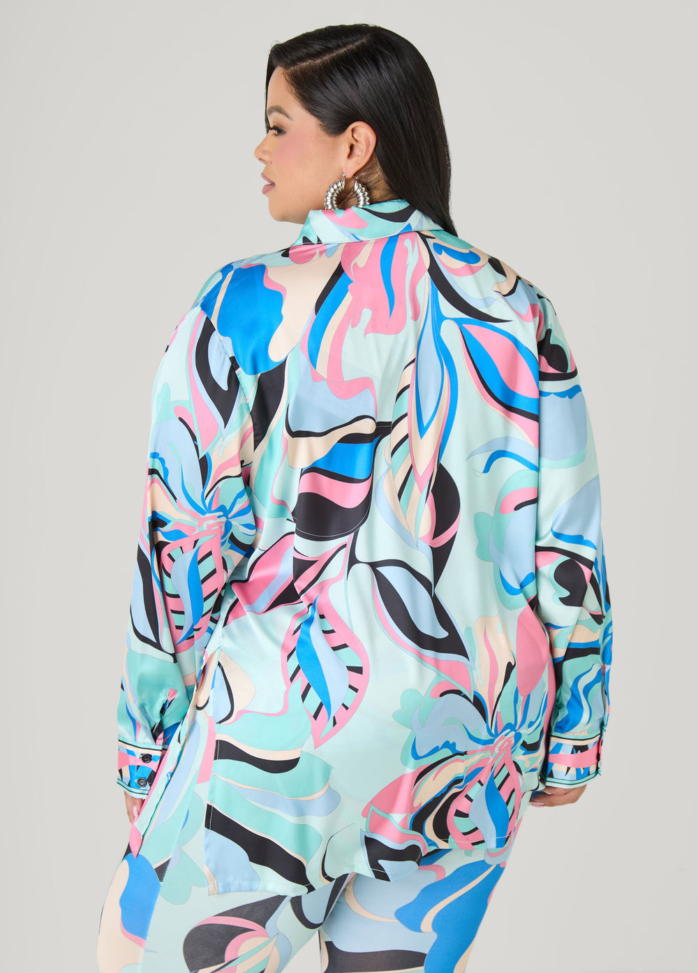 Floral Satin Shirt POWDER BLUE | Ashley Stewart