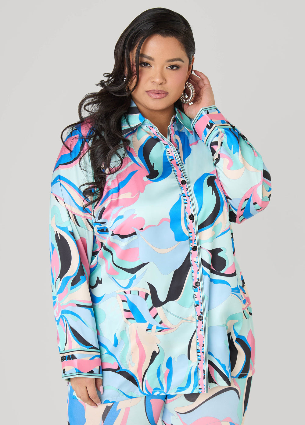 Floral Satin Shirt POWDER BLUE | Ashley Stewart