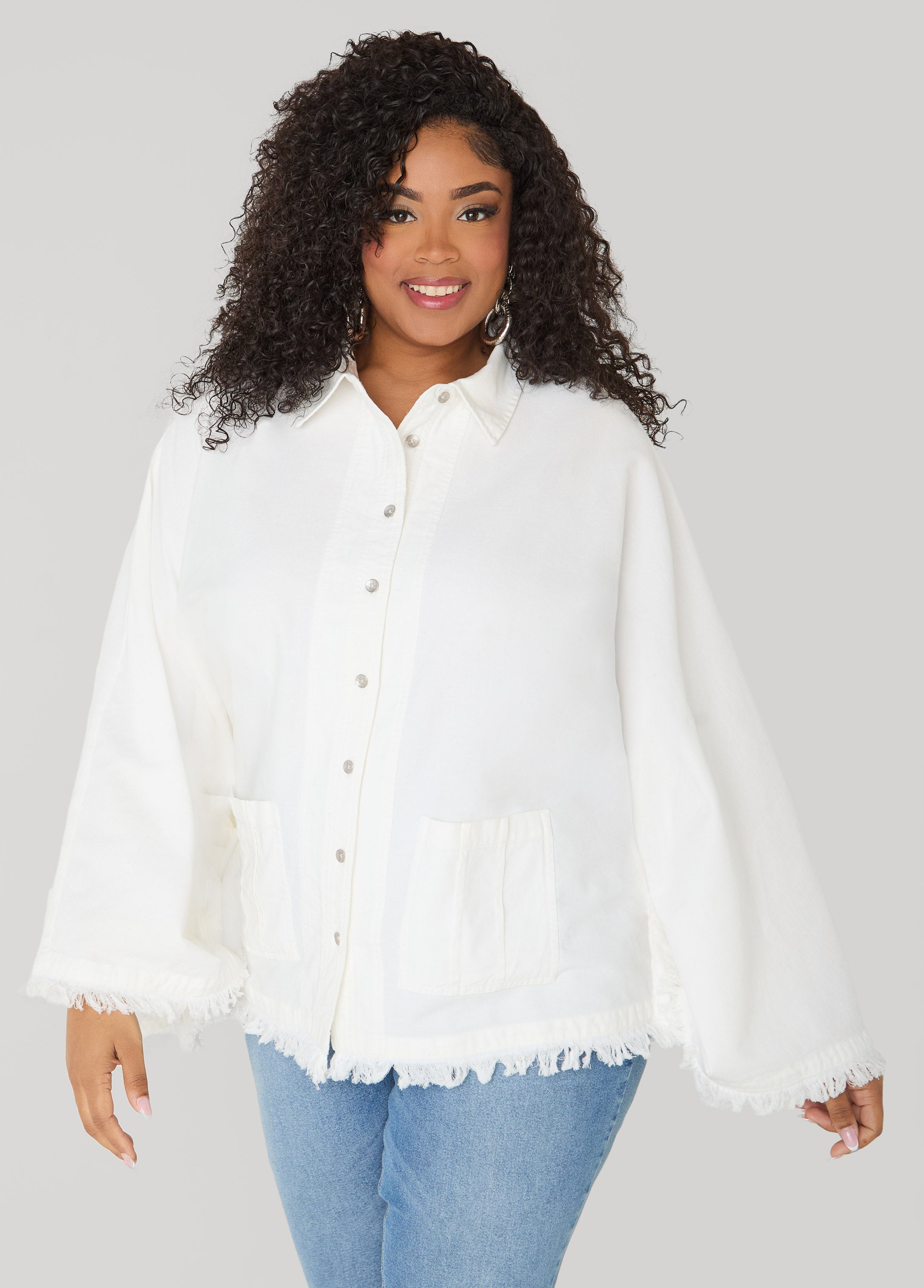 Bell Sleeved Denim Poncho White | Ashley Stewart