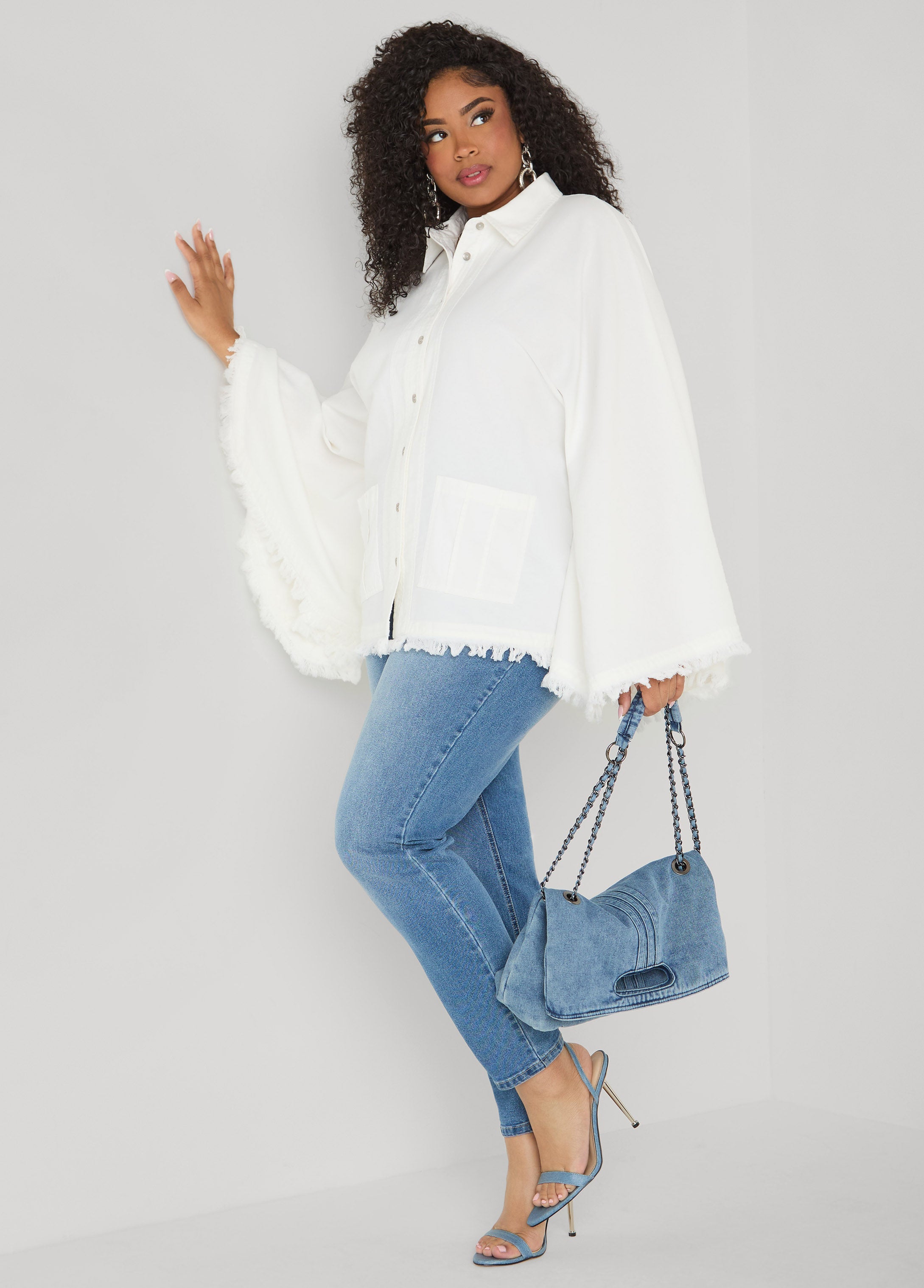 Bell Sleeved Denim Poncho White | Ashley Stewart