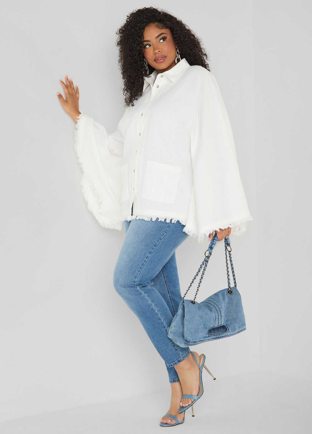 Bell Sleeved Denim Poncho White | Ashley Stewart