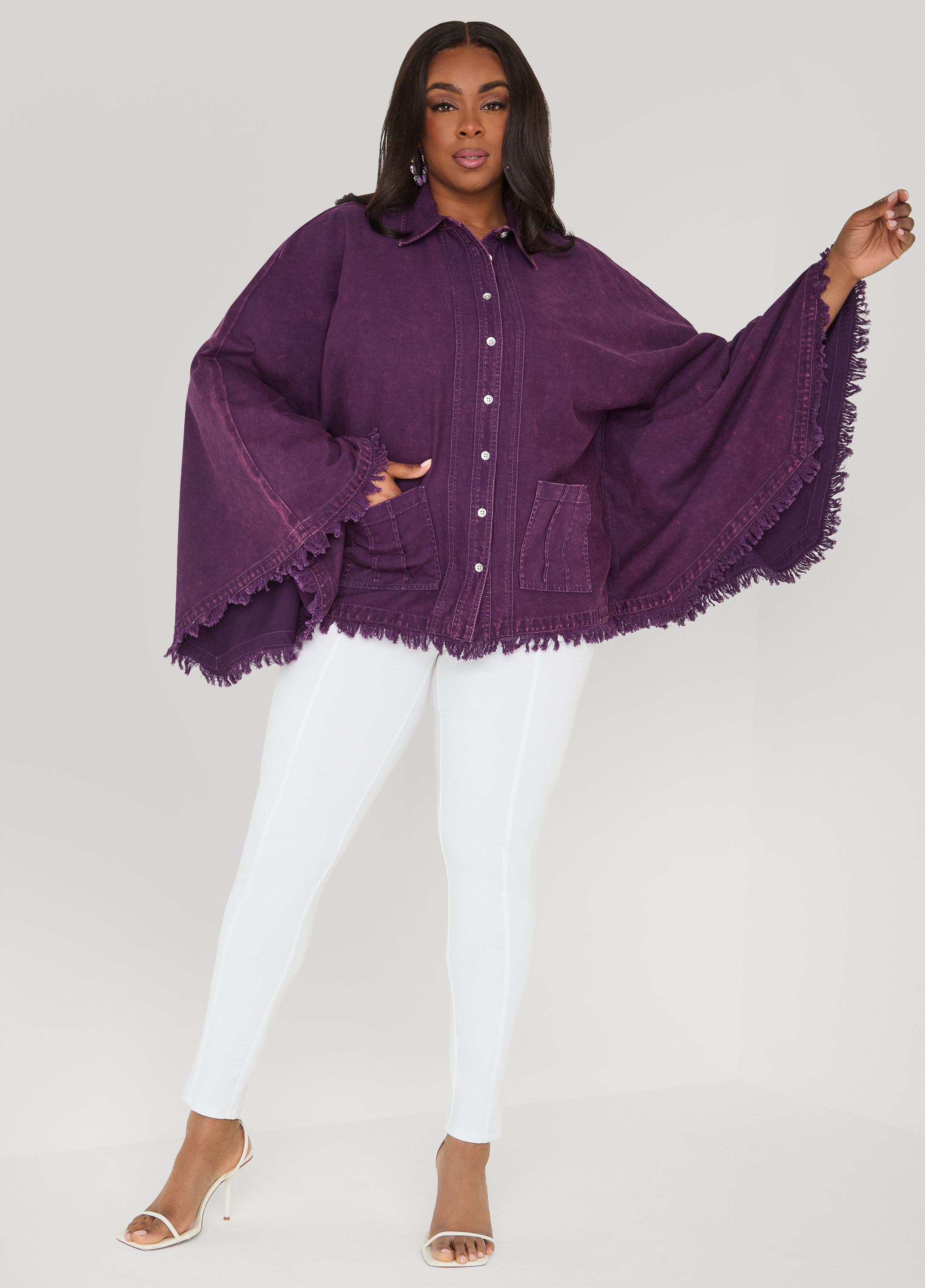 Bell Sleeved Denim Poncho White | Ashley Stewart