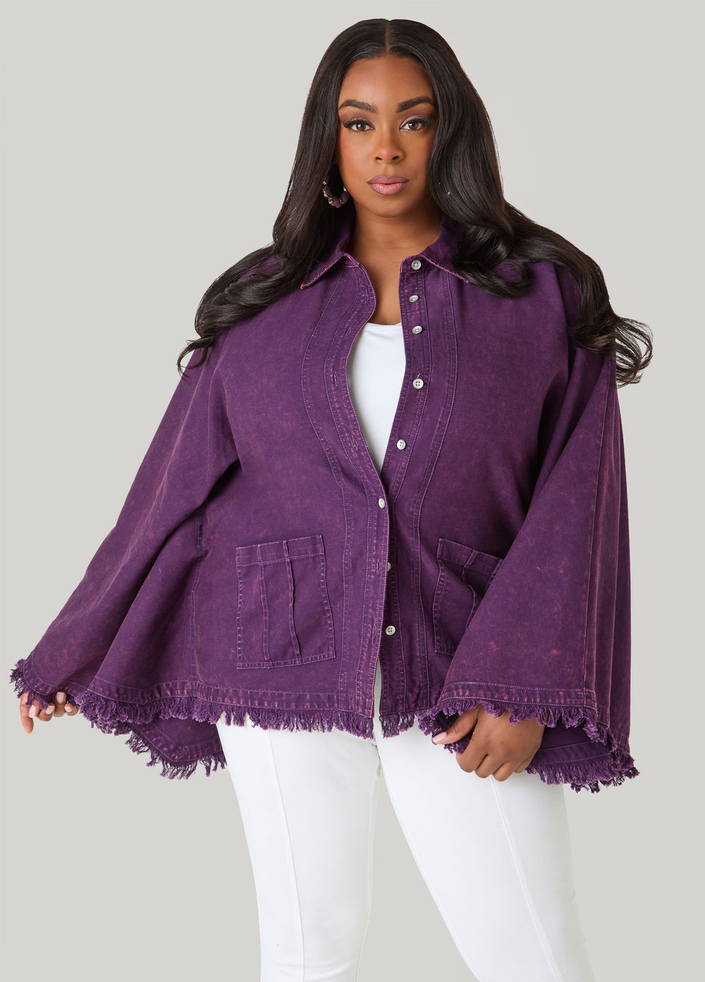 Bell Sleeved Denim Poncho White | Ashley Stewart