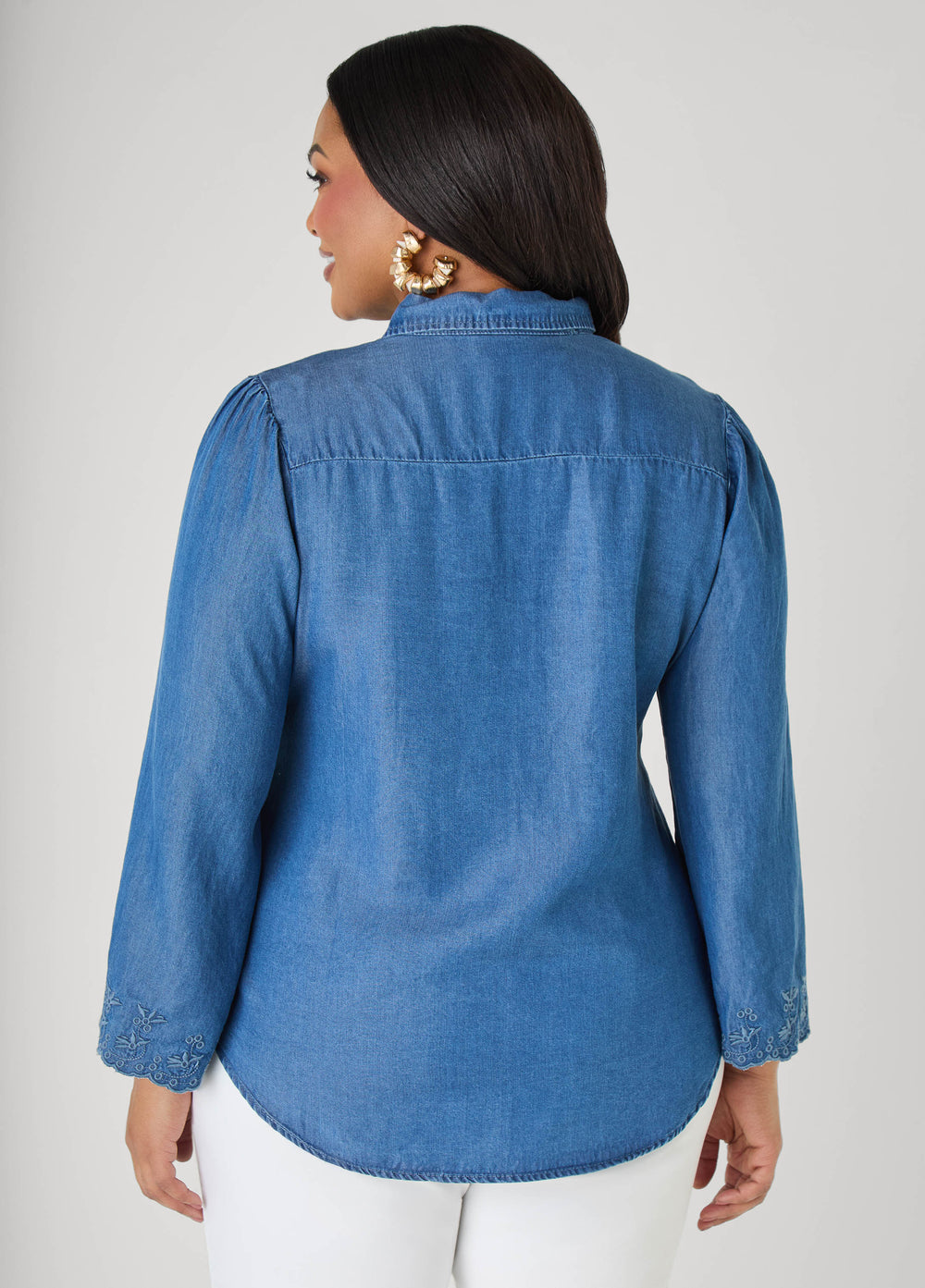 Embroidered Eyelet Chambray Shirt Blue | Ashley Stewart
