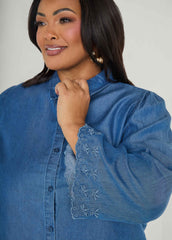 Embroidered Eyelet Chambray Shirt Blue | Ashley Stewart