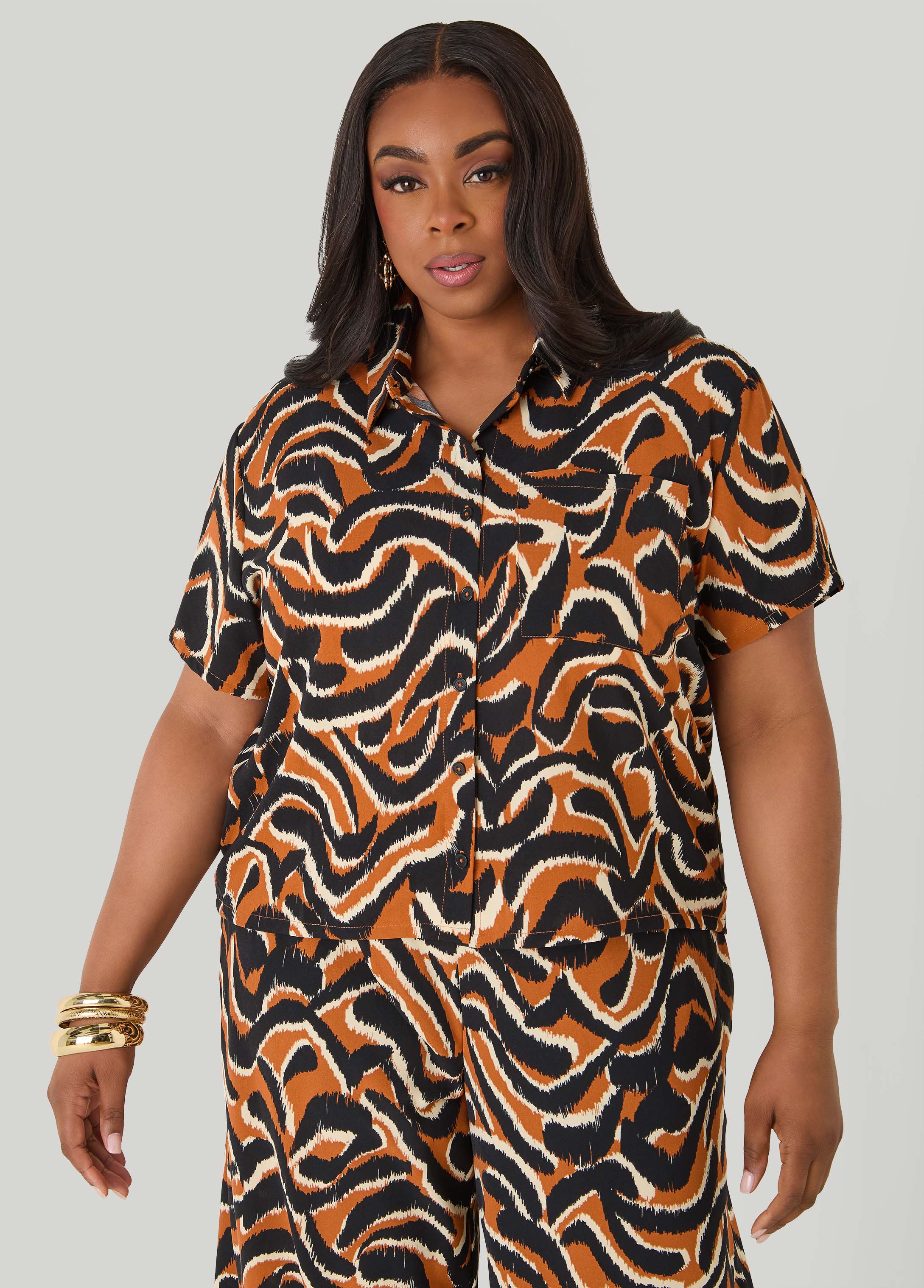 Printed Boxy Cropped Shirt Pink | Ashley Stewart