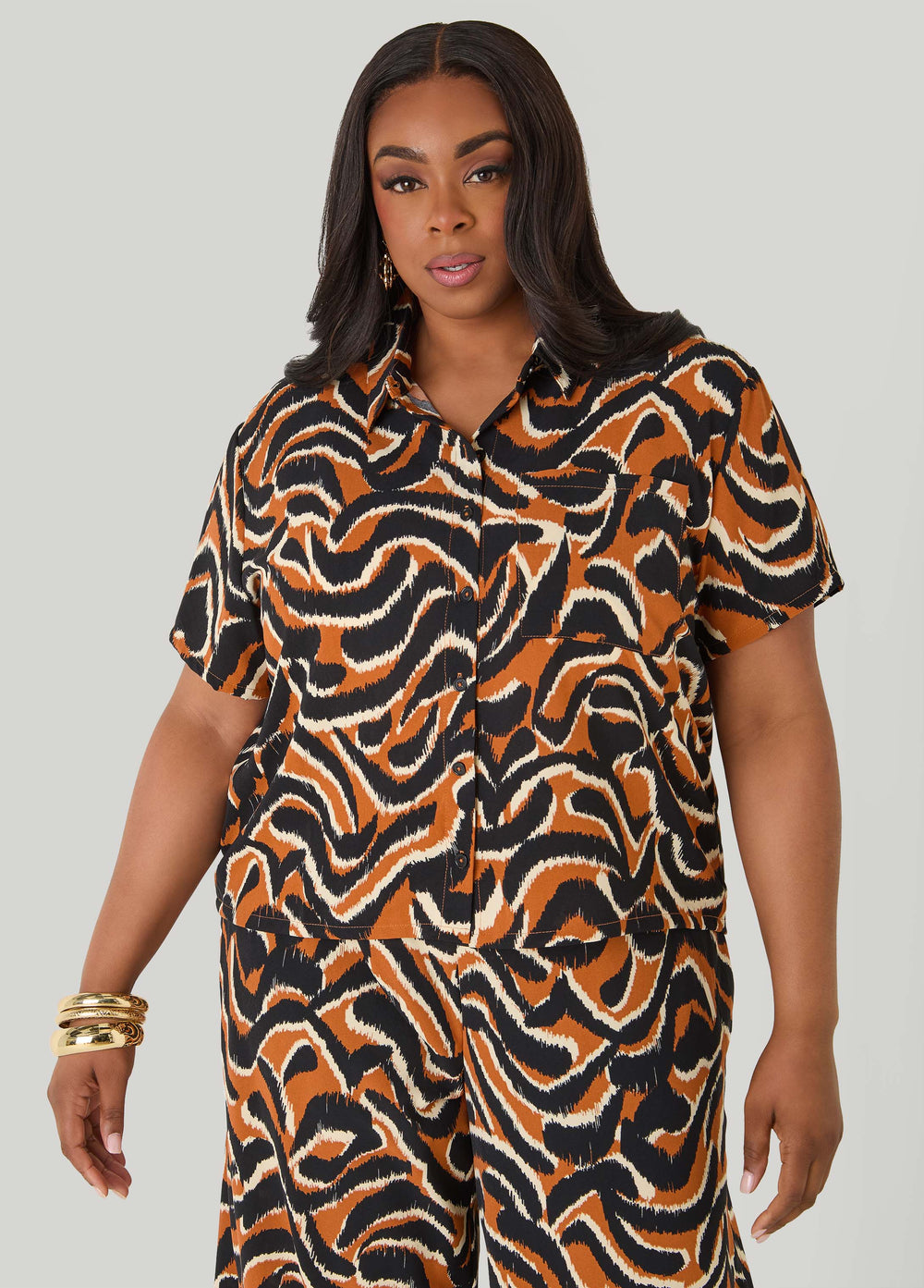 Printed Boxy Cropped Shirt Pink | Ashley Stewart