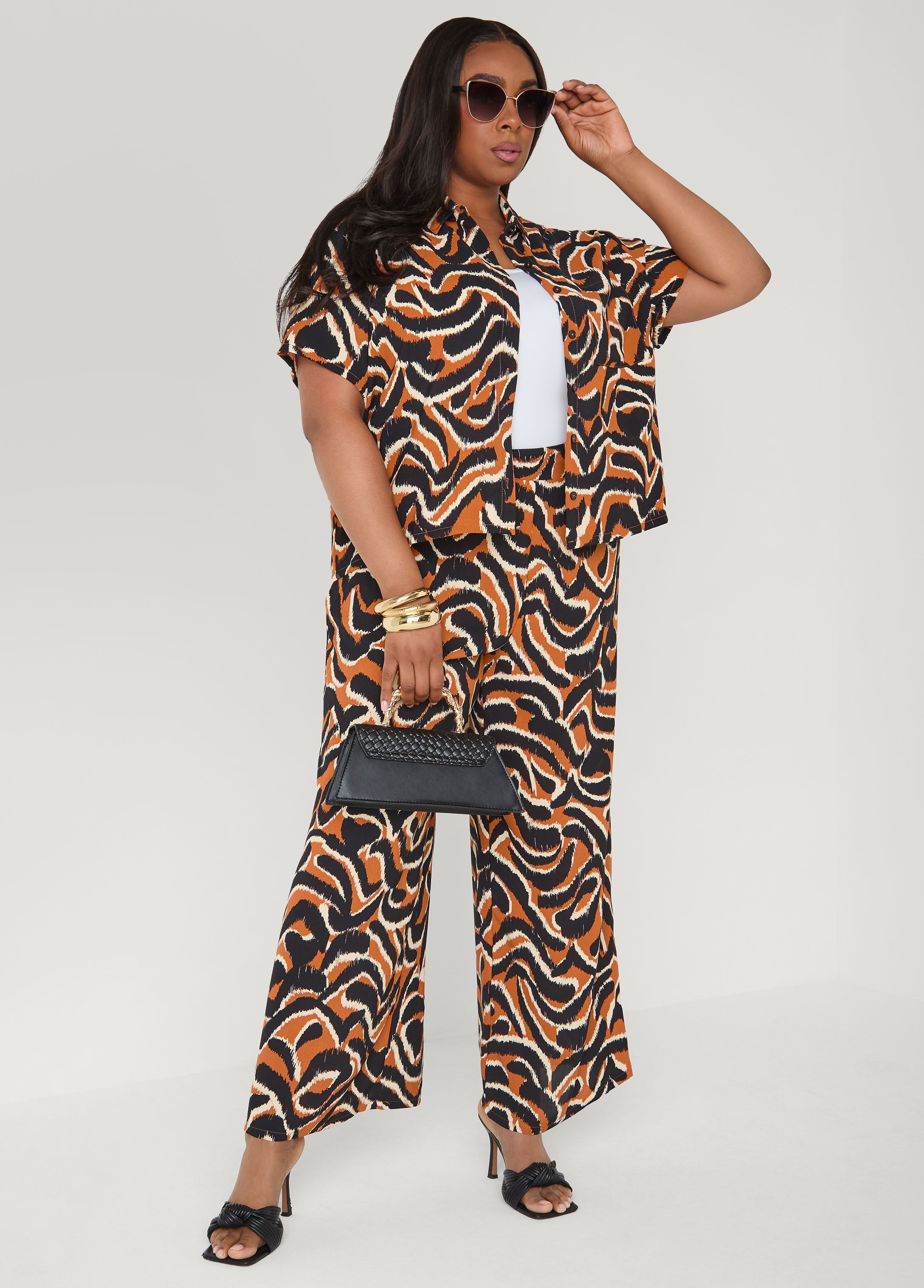 Printed Boxy Cropped Shirt Pink | Ashley Stewart