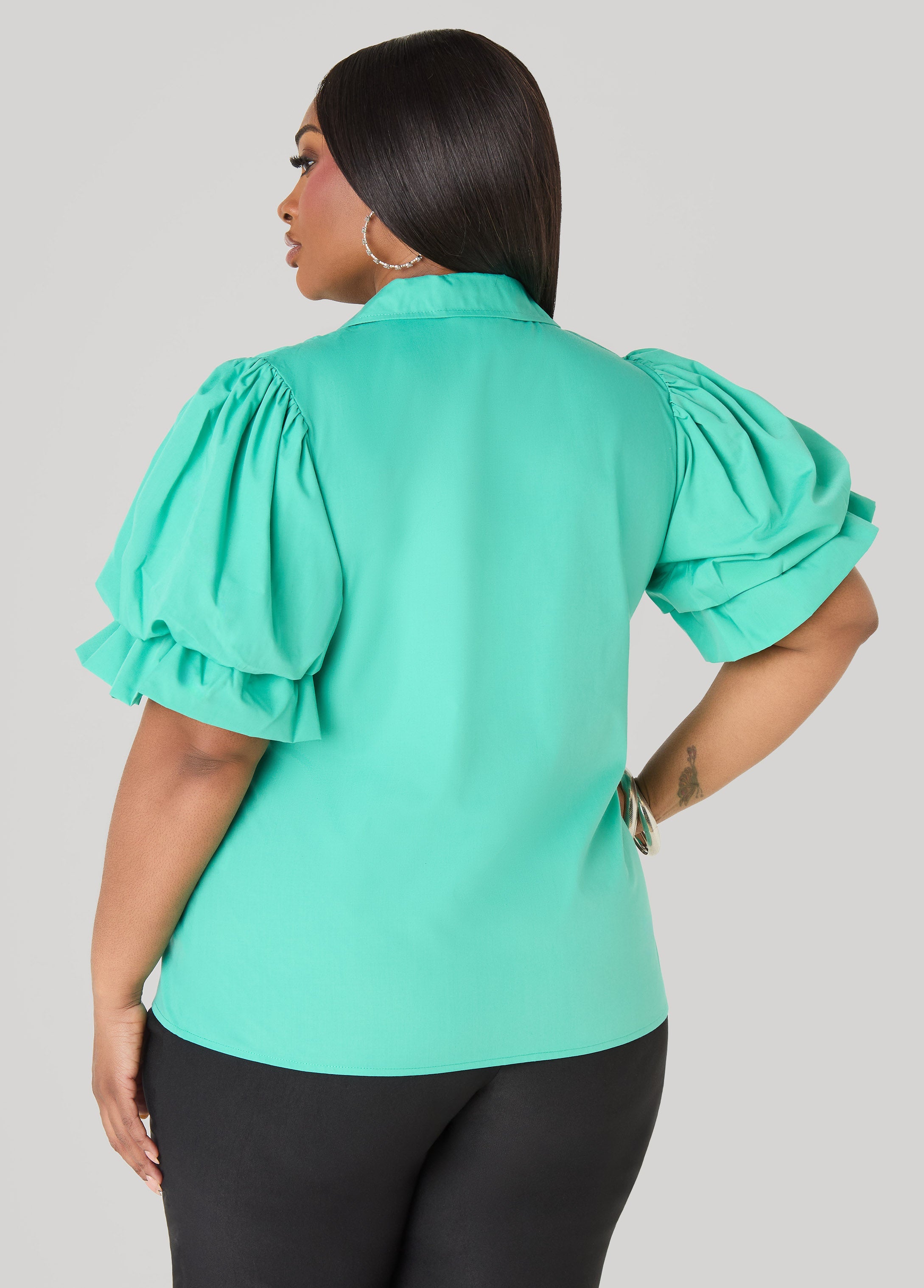 Puff Sleeved V Neck Top Green | Ashley Stewart