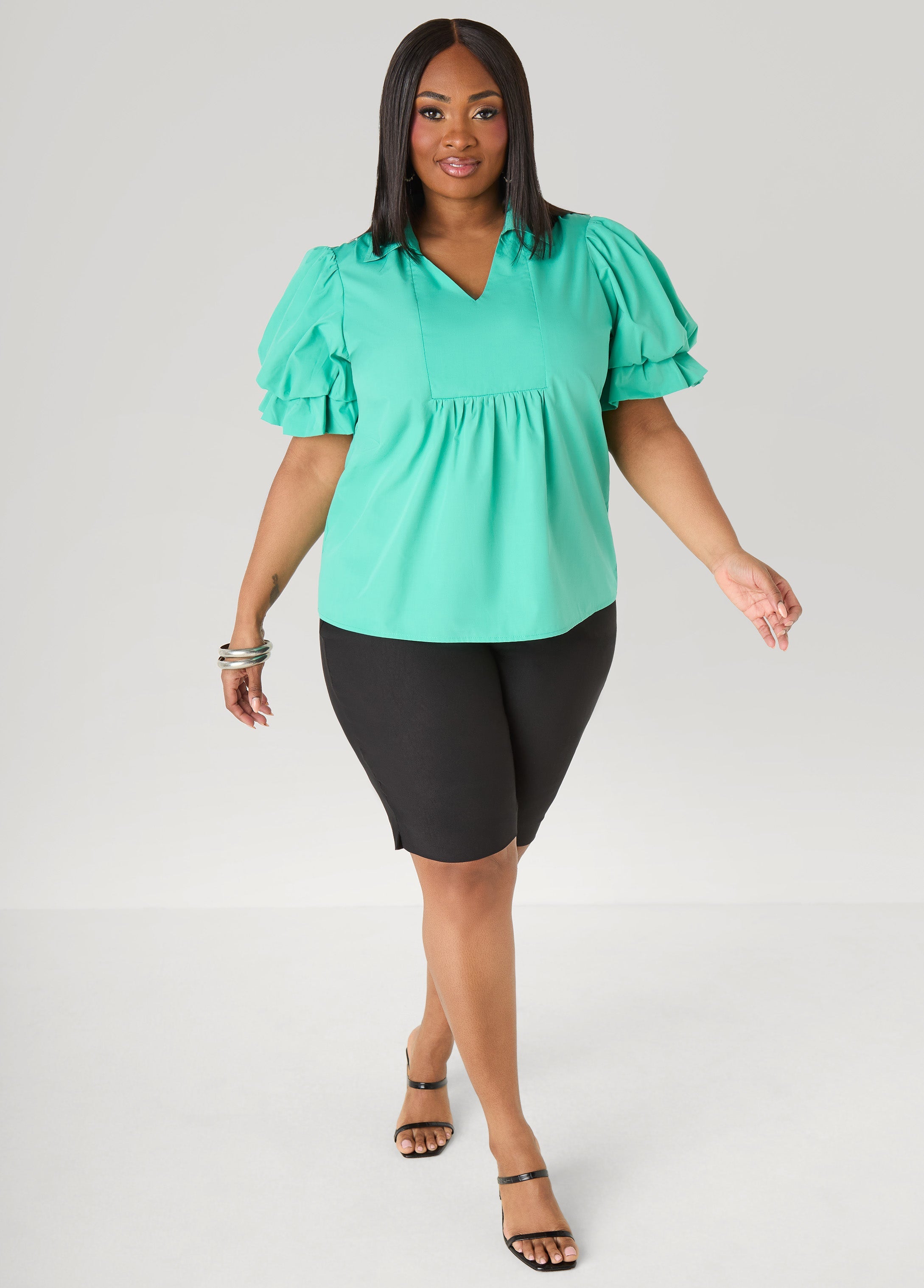 Puff Sleeved V Neck Top Green | Ashley Stewart