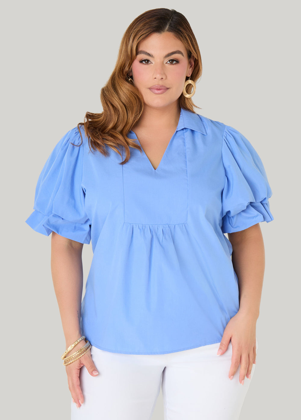 Puff Sleeved V Neck Top Green | Ashley Stewart