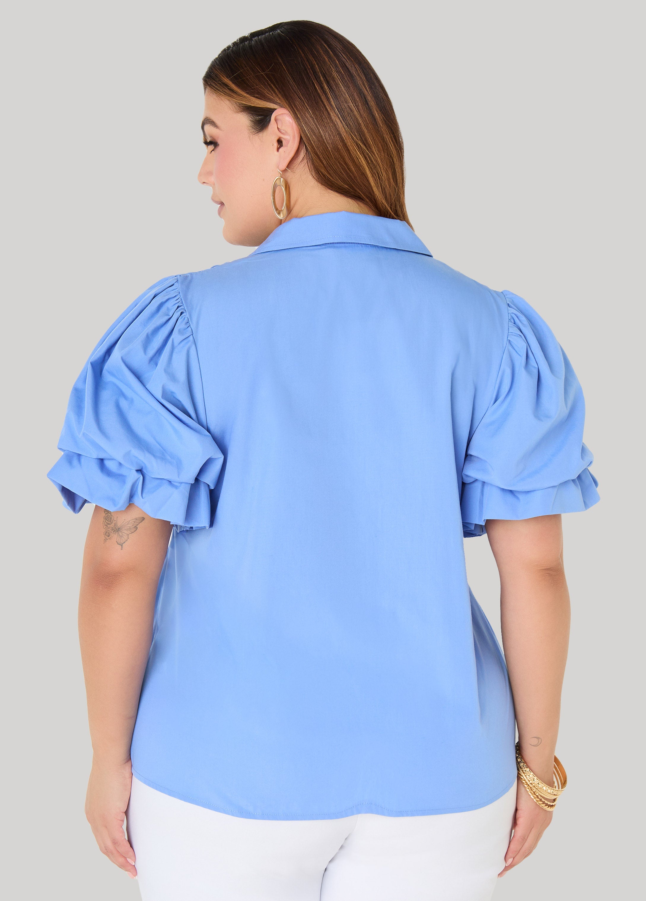 Puff Sleeved V Neck Top Green | Ashley Stewart