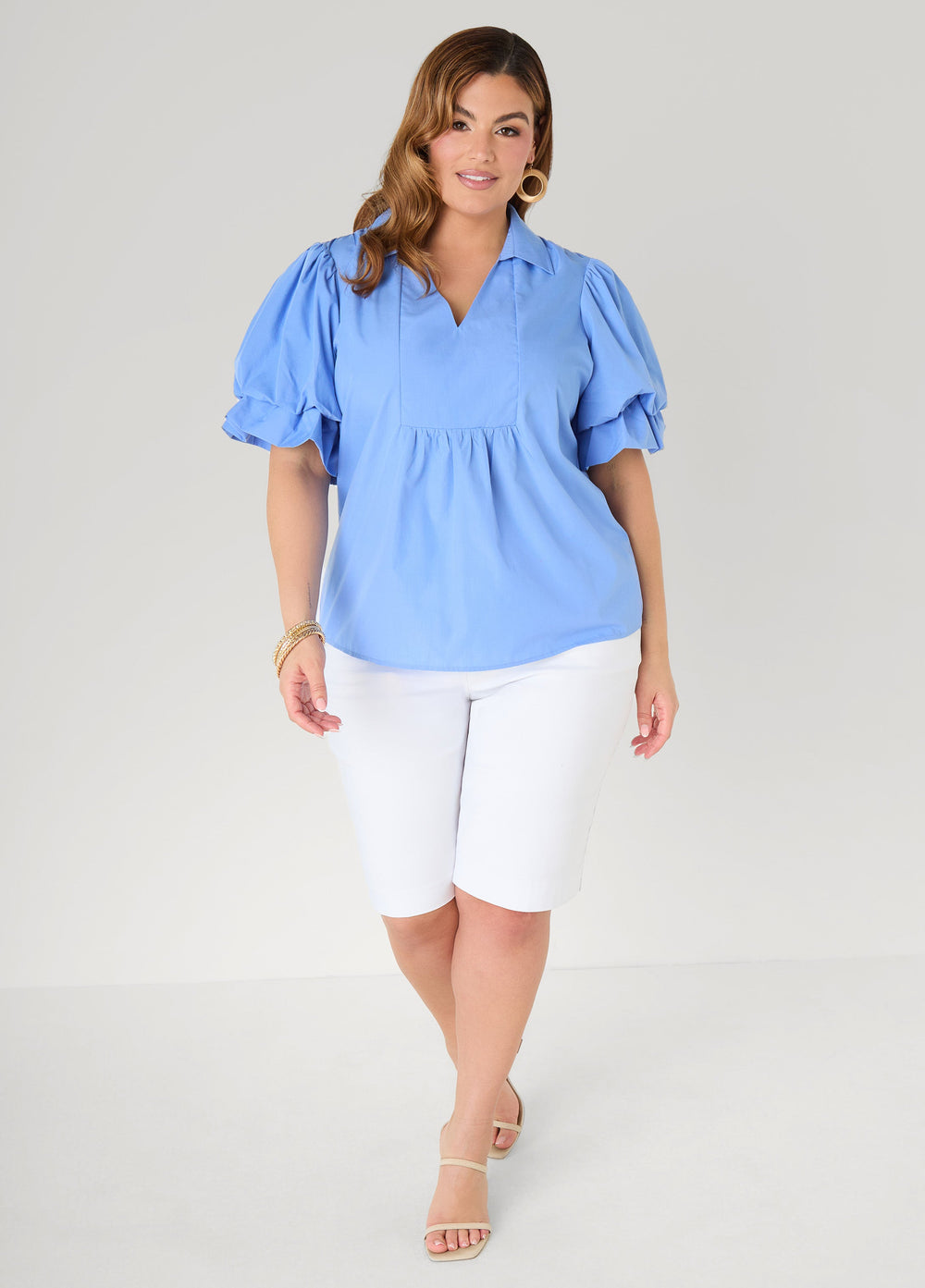 Puff Sleeved V Neck Top Green | Ashley Stewart