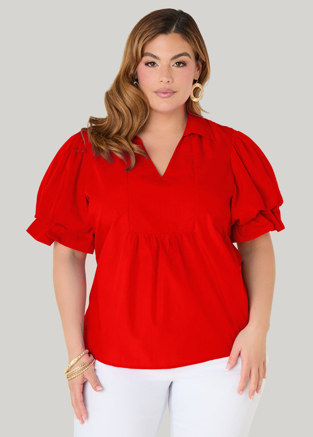 Puff Sleeved V Neck Top Green | Ashley Stewart