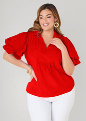 Puff Sleeved V Neck Top Green | Ashley Stewart
