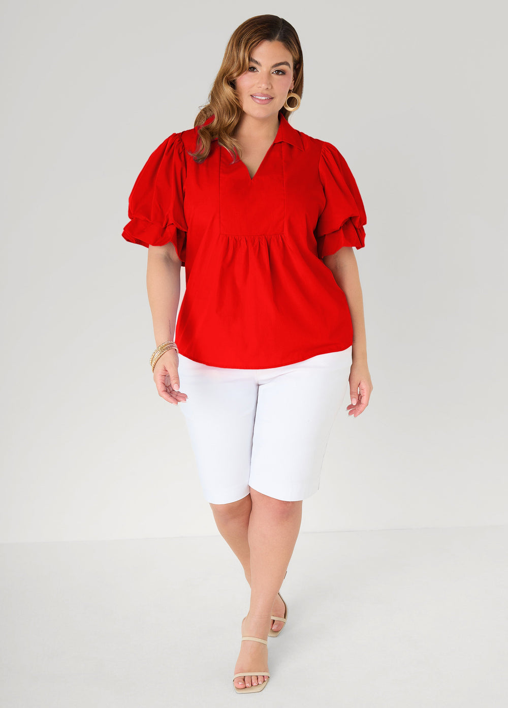 Puff Sleeved V Neck Top Green | Ashley Stewart