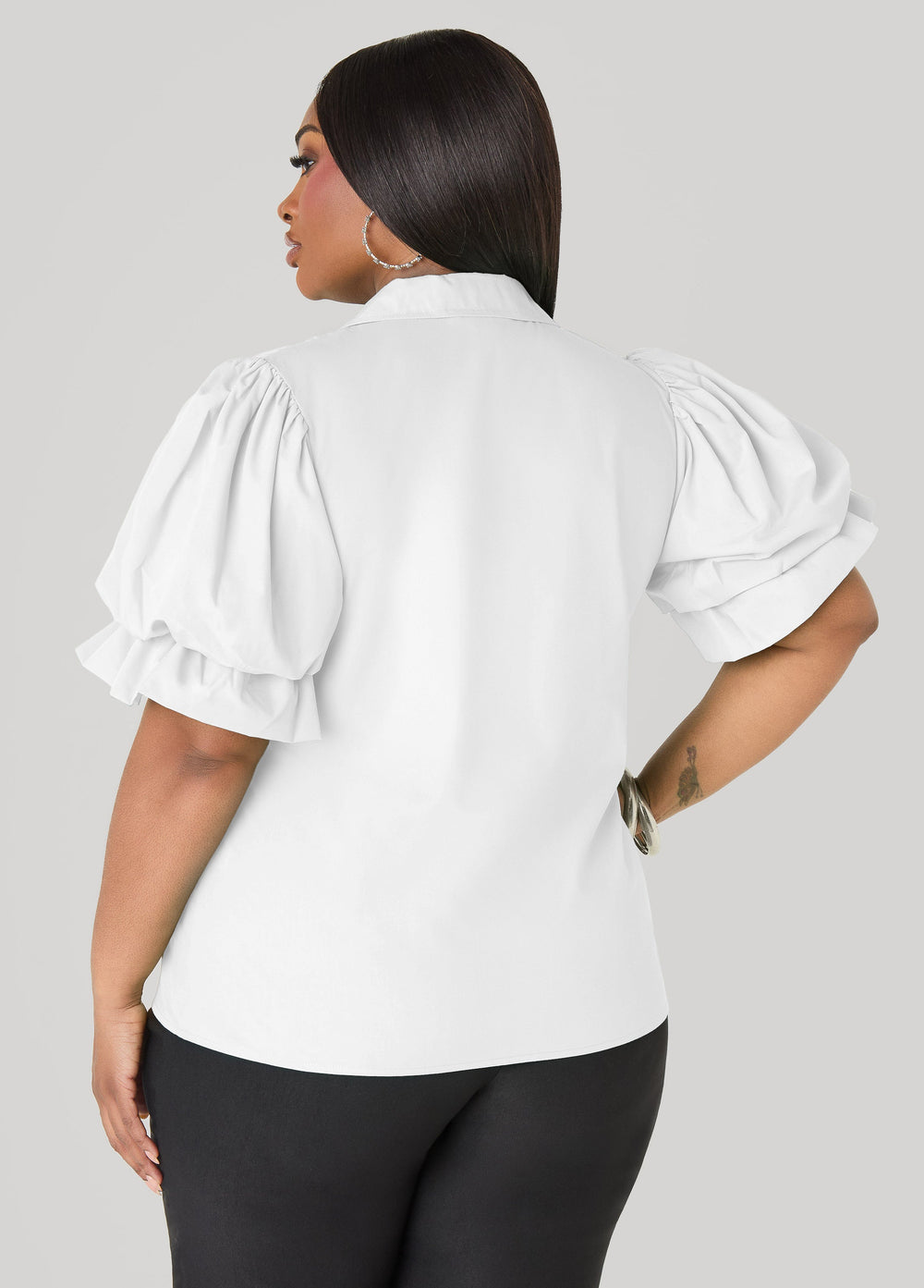 Puff Sleeved V Neck Top Green | Ashley Stewart
