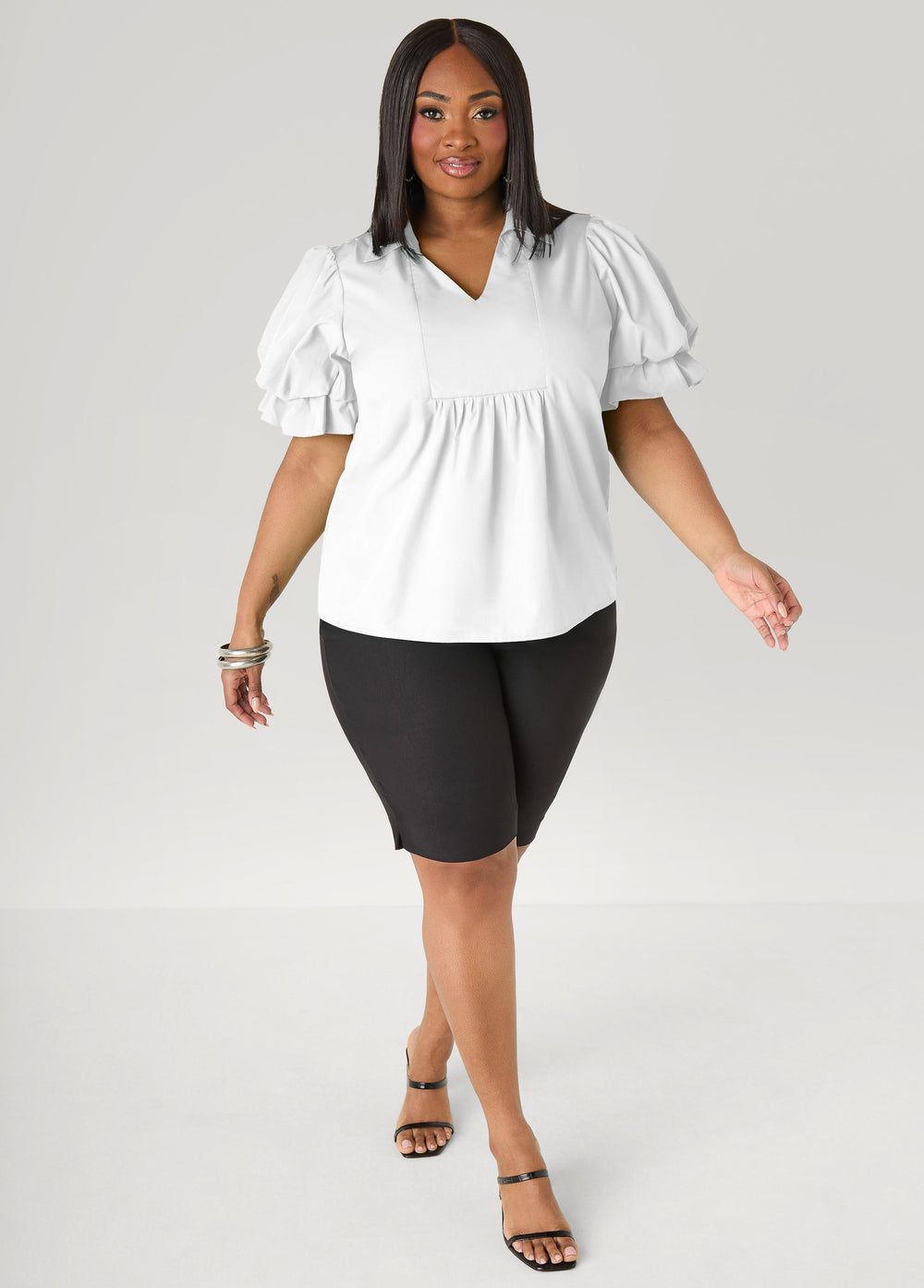 Puff Sleeved V Neck Top Green | Ashley Stewart