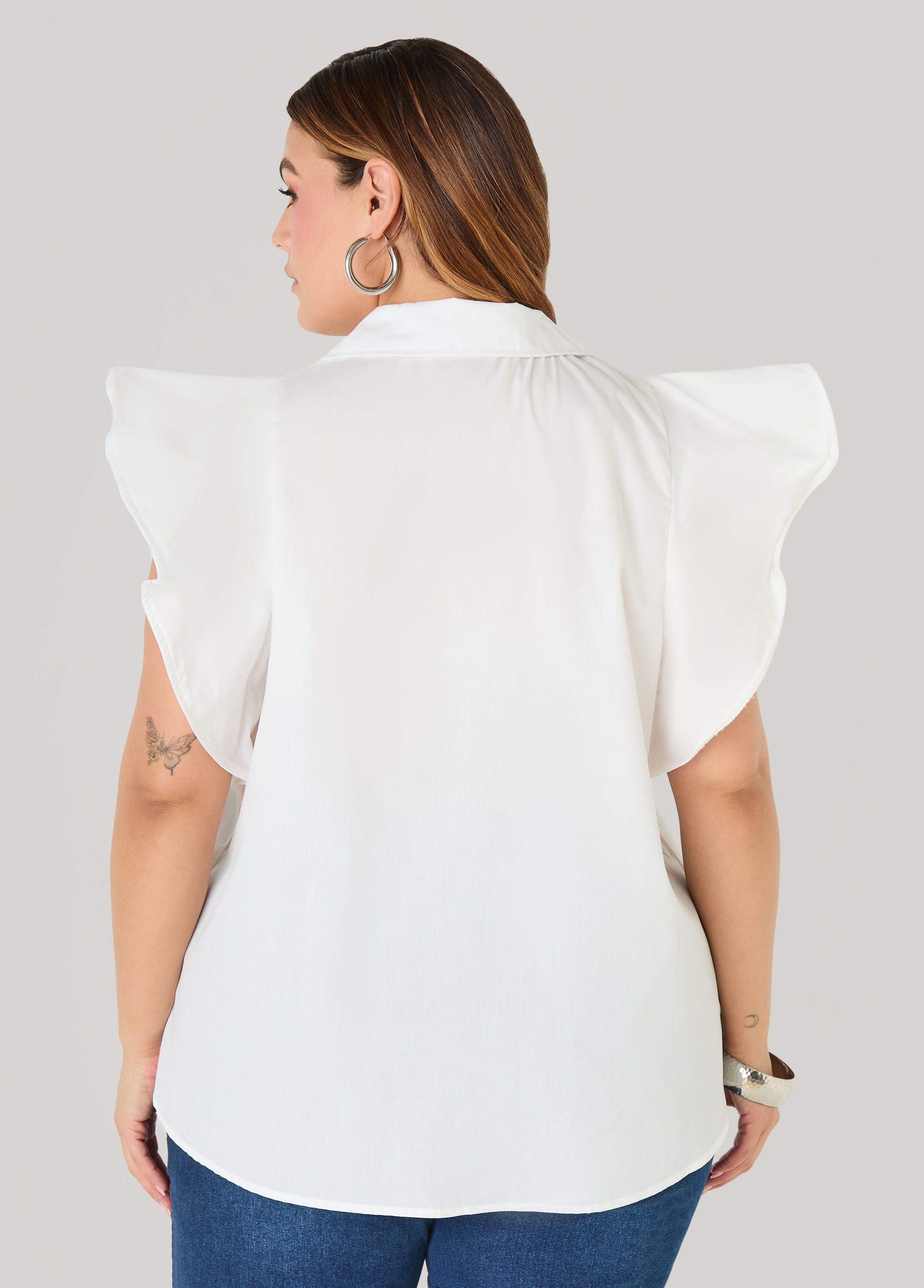 Ruffled Sleeve Poplin Top Green | Ashley Stewart