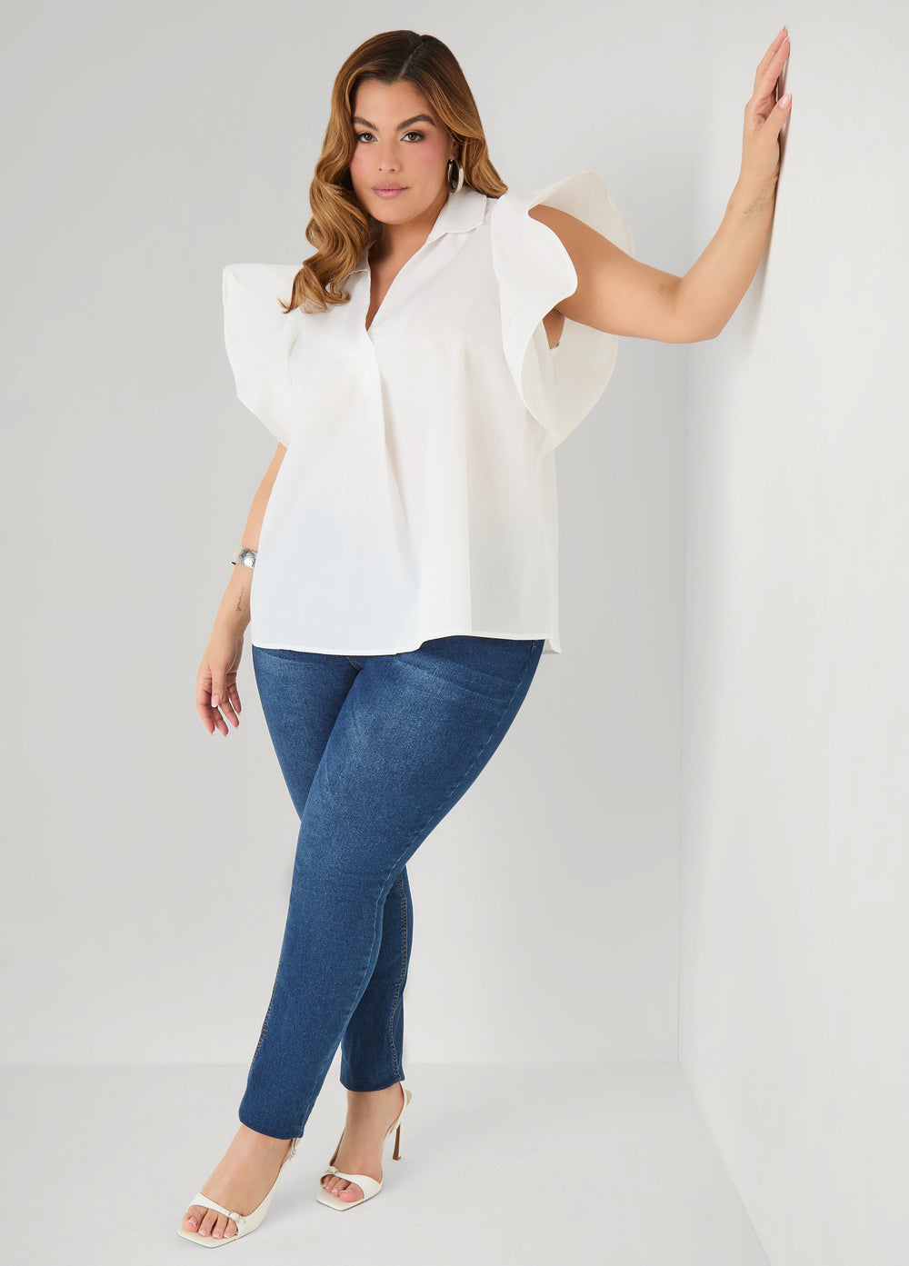 Ruffled Sleeve Poplin Top Green | Ashley Stewart