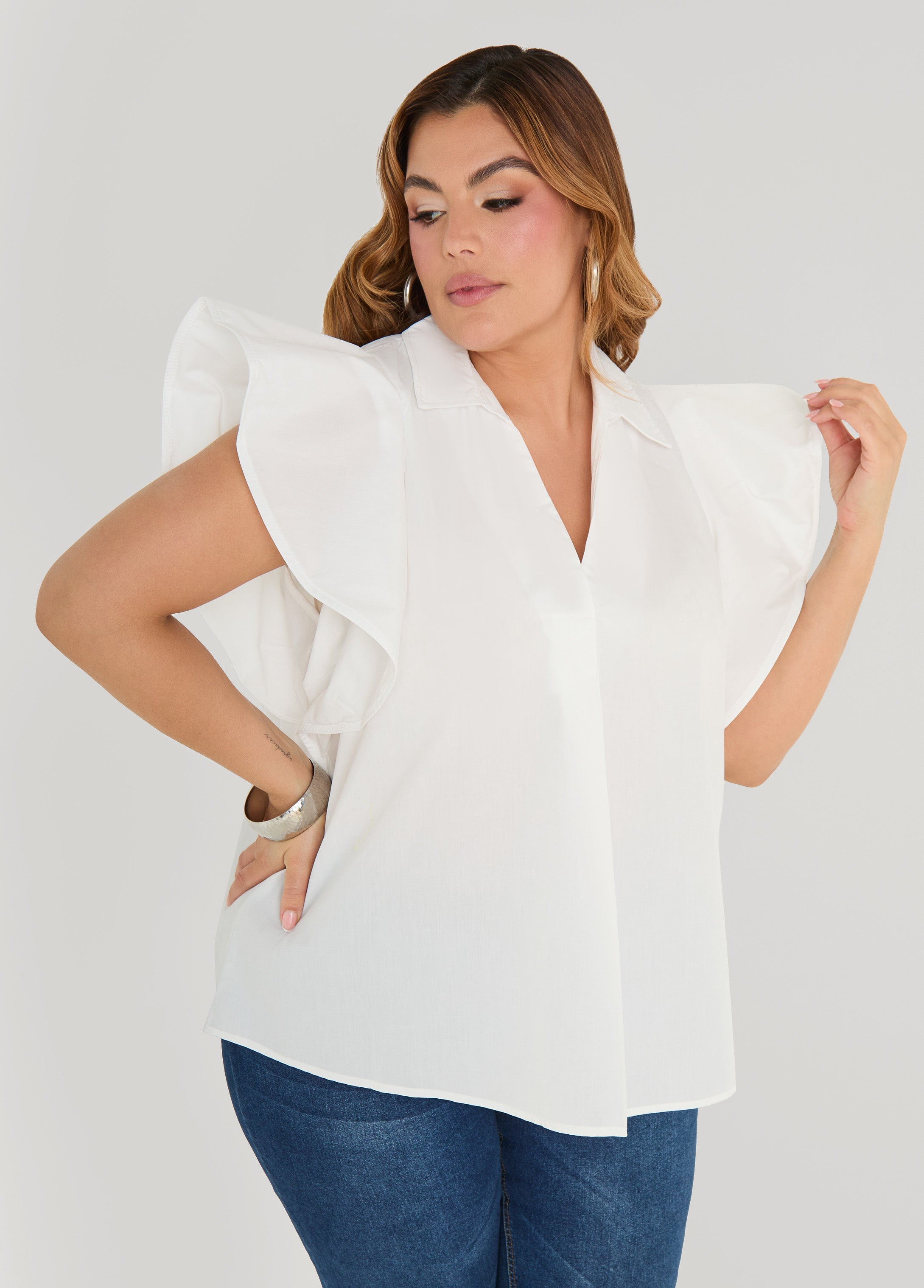 Ruffled Sleeve Poplin Top Green | Ashley Stewart